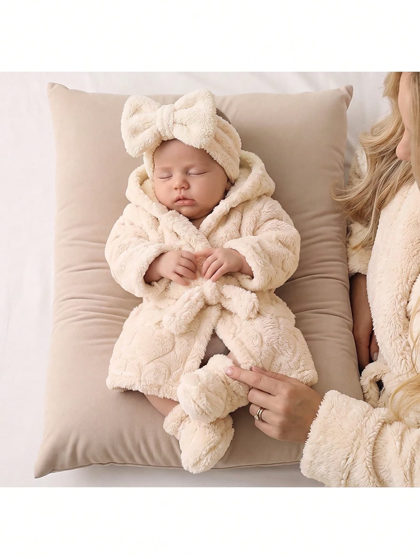 SHEIN Newborn Baby Winter Comfortable Long Sleeve Hooded Robe Loungewear