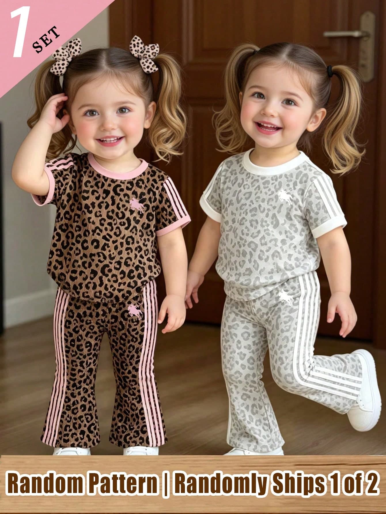 (Random 2 Sets, Send 1 Set)Baby Girl Fashion Personalized Leopard Print Knight Horse Pattern Striped Print Basic Short T-Shirt & Flared Long Pants Set