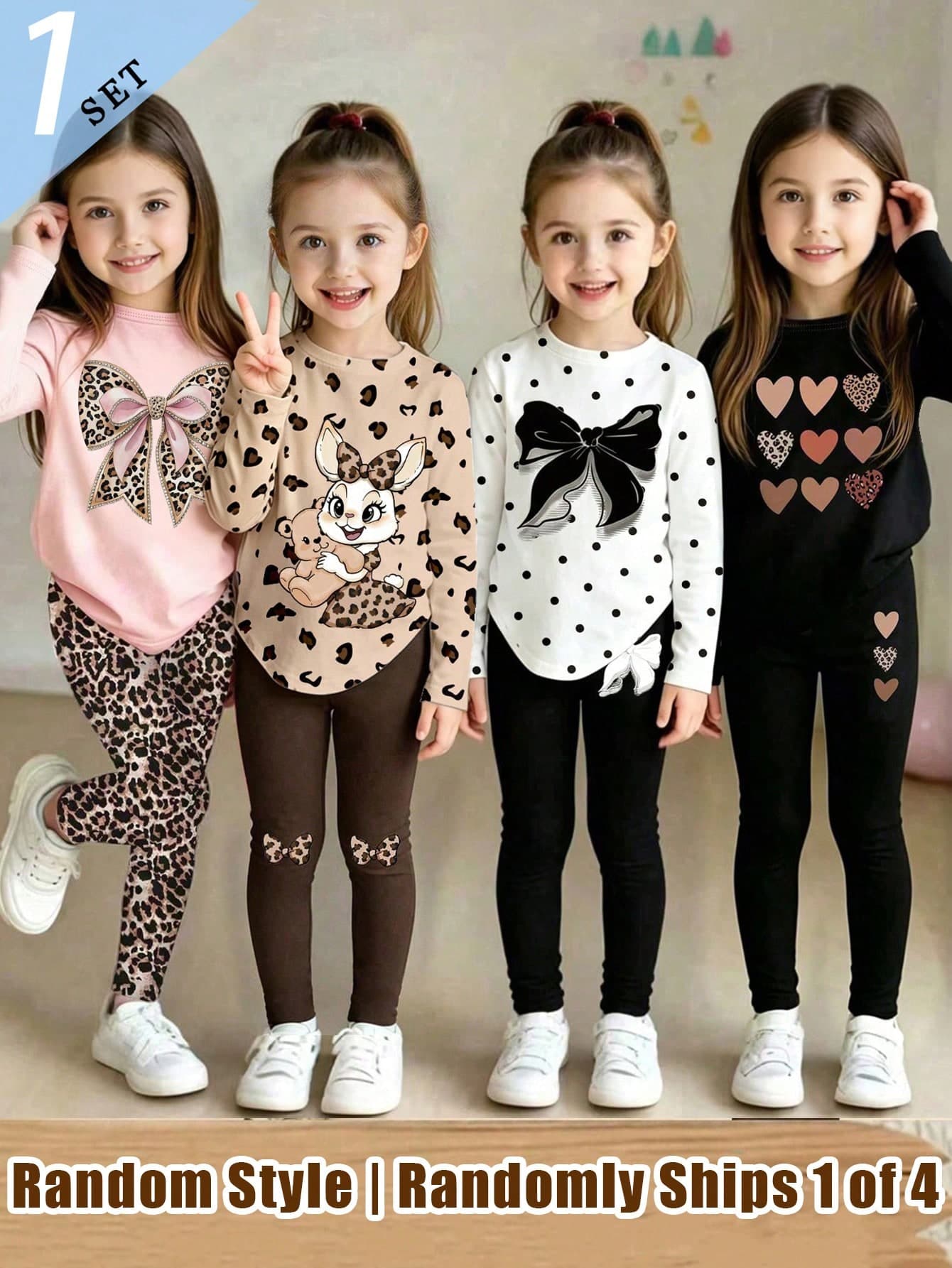 (1 Random Item From 4) Girls Cute Leopard Print Heart Rabbit Glitter Bow Pattern Long Sleeve T-Shirt And Leggings Set, Comfortable Outfit