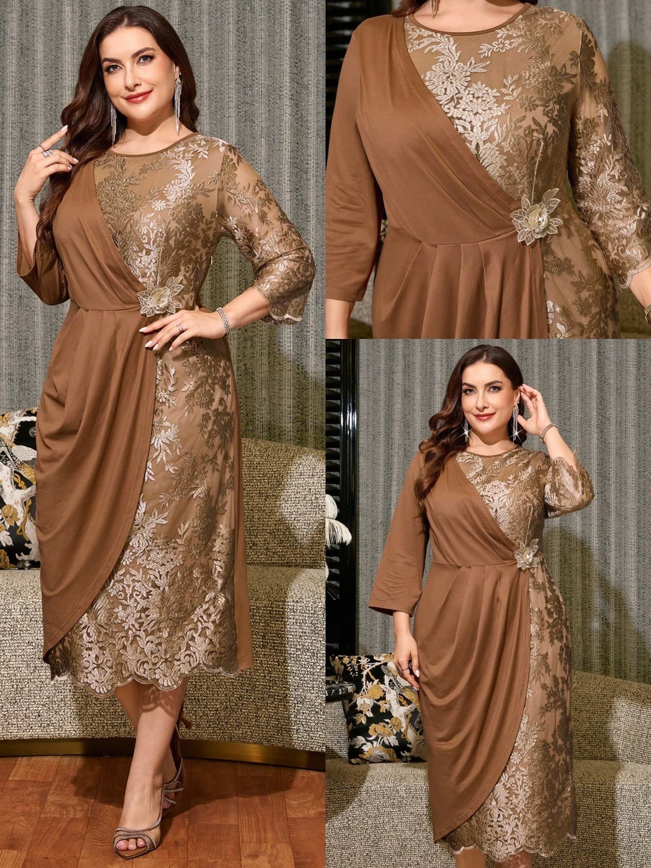 Reflora Elegant Black Party Dinner Evening Wedding Guest Dress For Plus-Size Women Featuring Lace Trim Slim Fit And Gold Flower Embellishments At Waist Winter