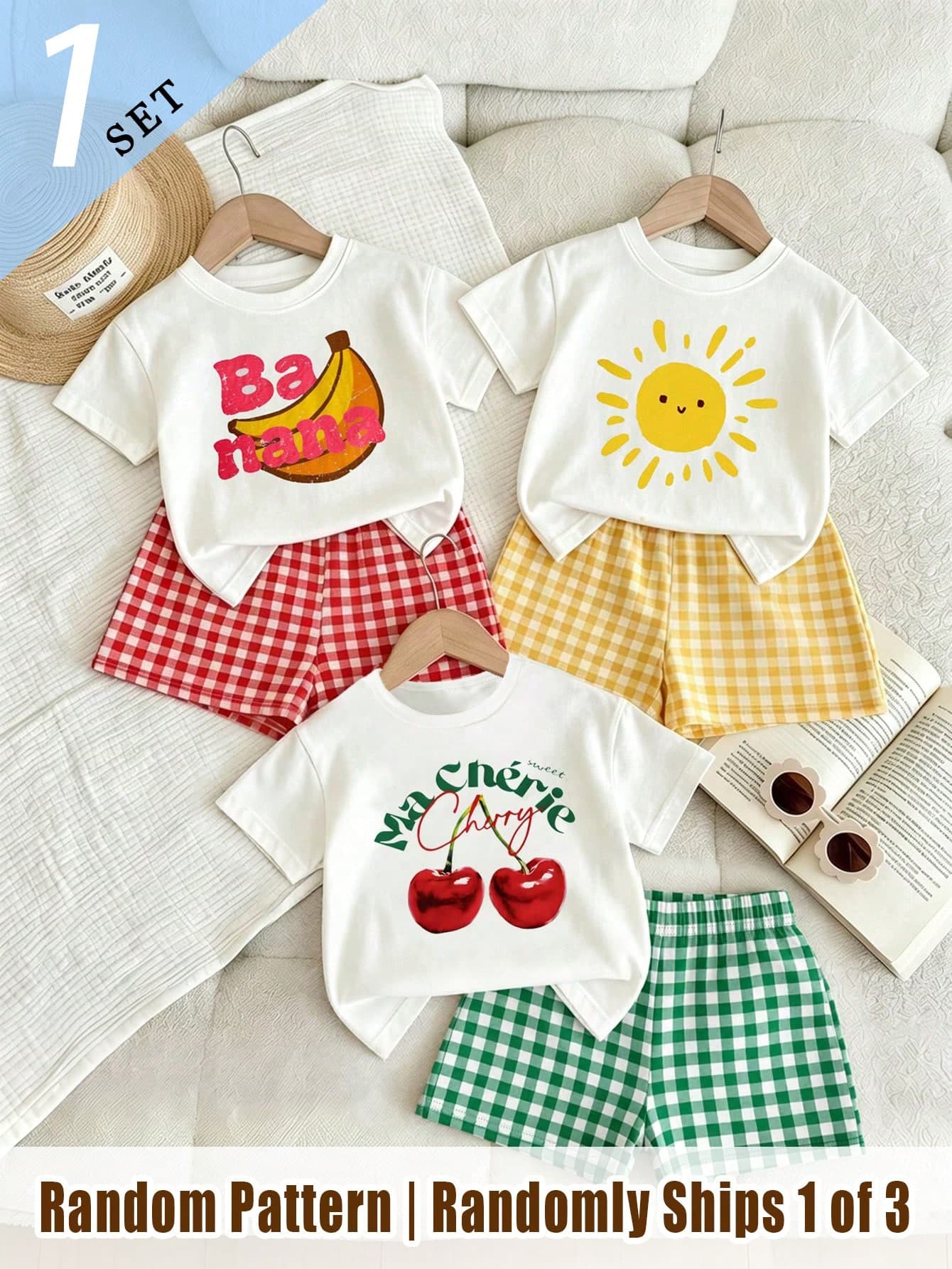 1 Random Item From 3 Baby GirlMinimalist Cherry Banana Little Sun Pattern Basic Short T-Shirt And Plaid Shorts Set, Summer Daily Comfortable Outfit