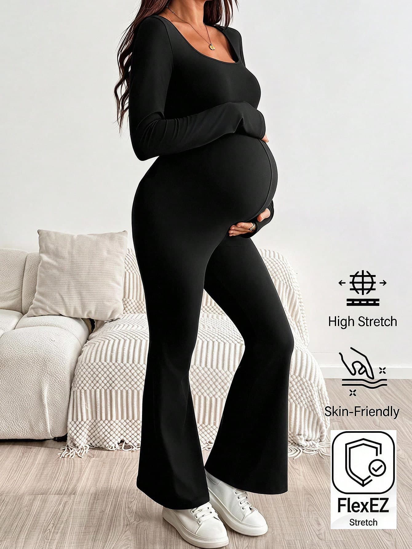 SHEIN Maternity Solid Color Minimalist Versatile Long Sleeve Flared Leg Jumpsuit