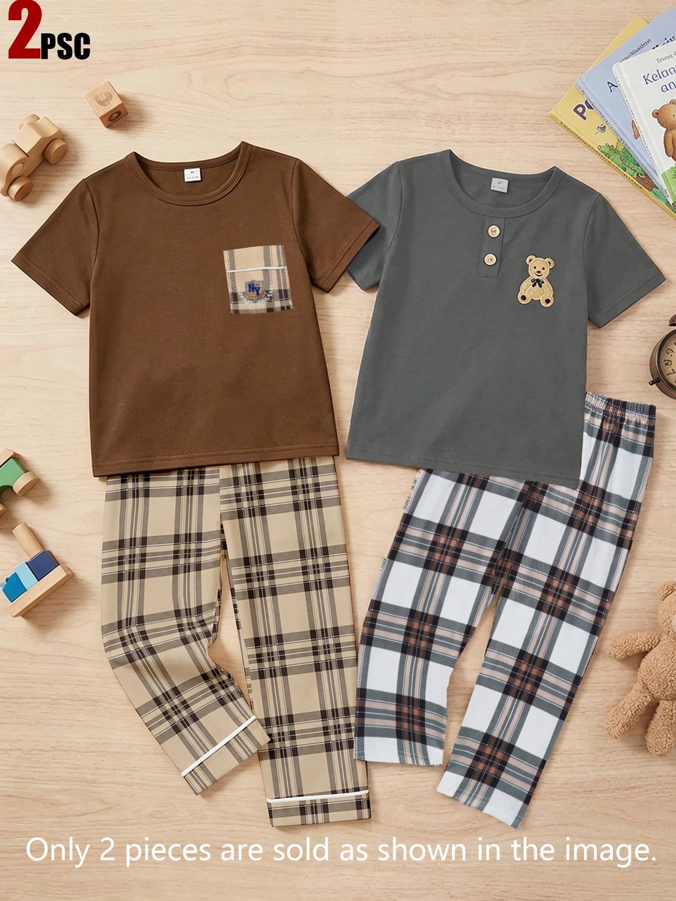 SHEIN Genkimix Kids 2 Pieces Boys Toddler Stylish Homewear,Long Sleeve Top With Plaid Pocket,Beige Brown Plaid Pants,Soft Knit Pajamas Summer,Family Matching Loungewear