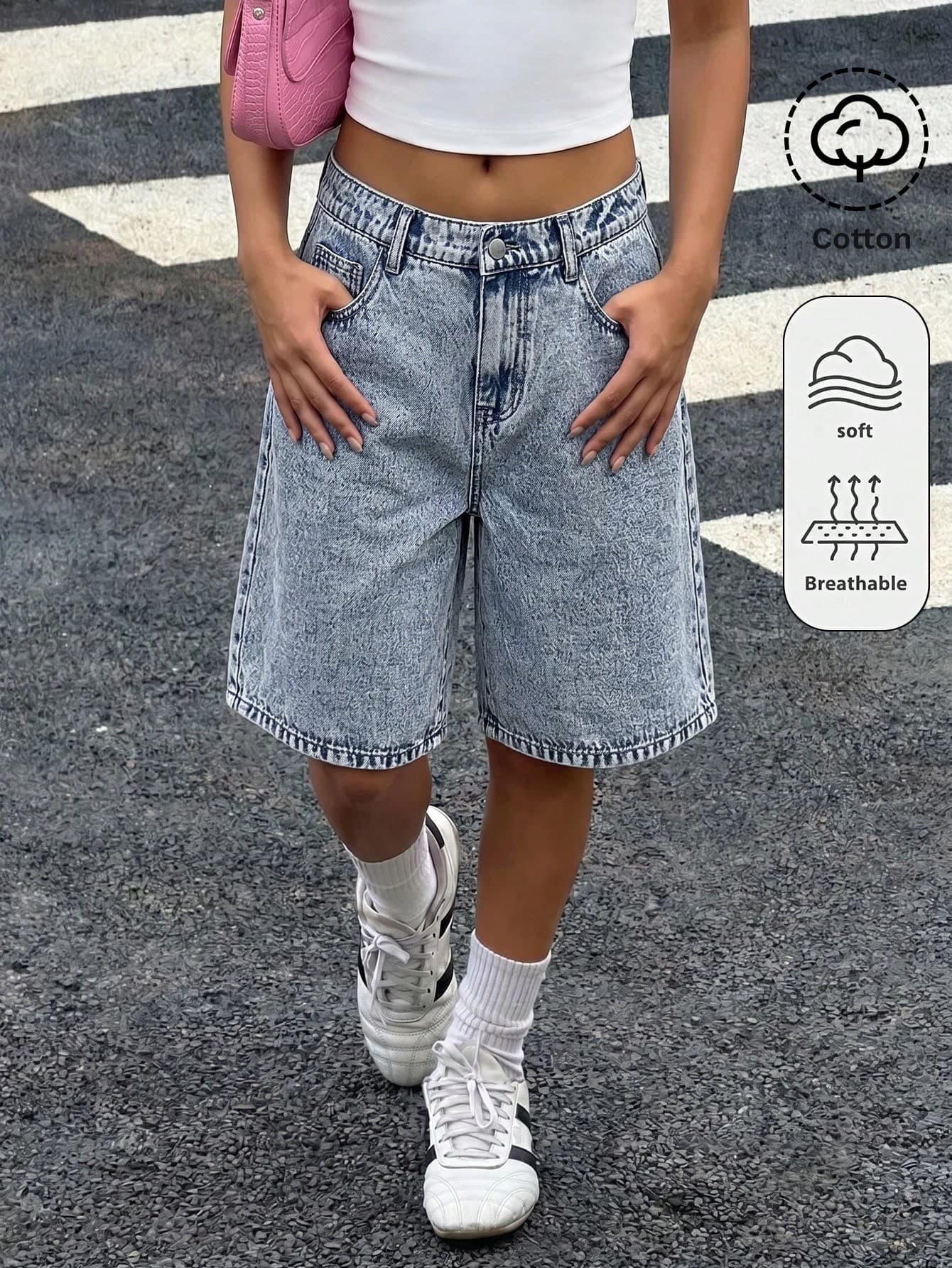 SHEIN Tween Girl Girls' Light Blue Denim Loose Fit Shorts Fall Winter Halloween Y2k Graduation Back To School