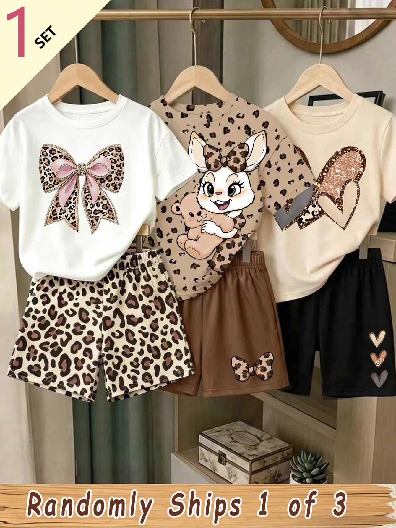 (1 Random Item From 3) Girls Patchwork Heart Leopard Bow Rabbit Graphic Print Short T-Shirt And Shorts Set Comfortable Daily Outfit