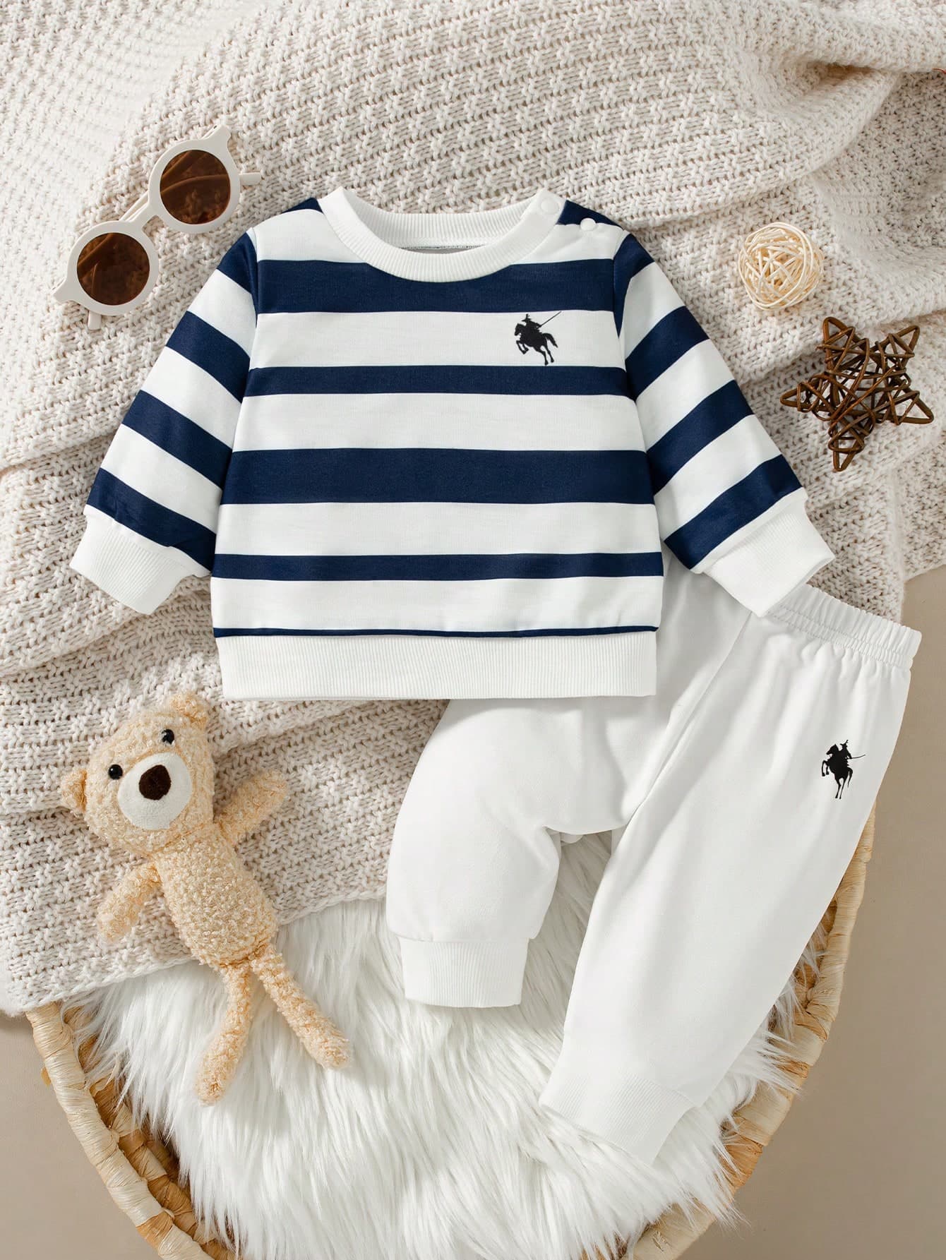 SHEIN 2pcs Set Newborn Casual Knitted Striped Print Crew Neck Long Sleeve Top + Solid Color Print Long Pants, Versatile Outfit