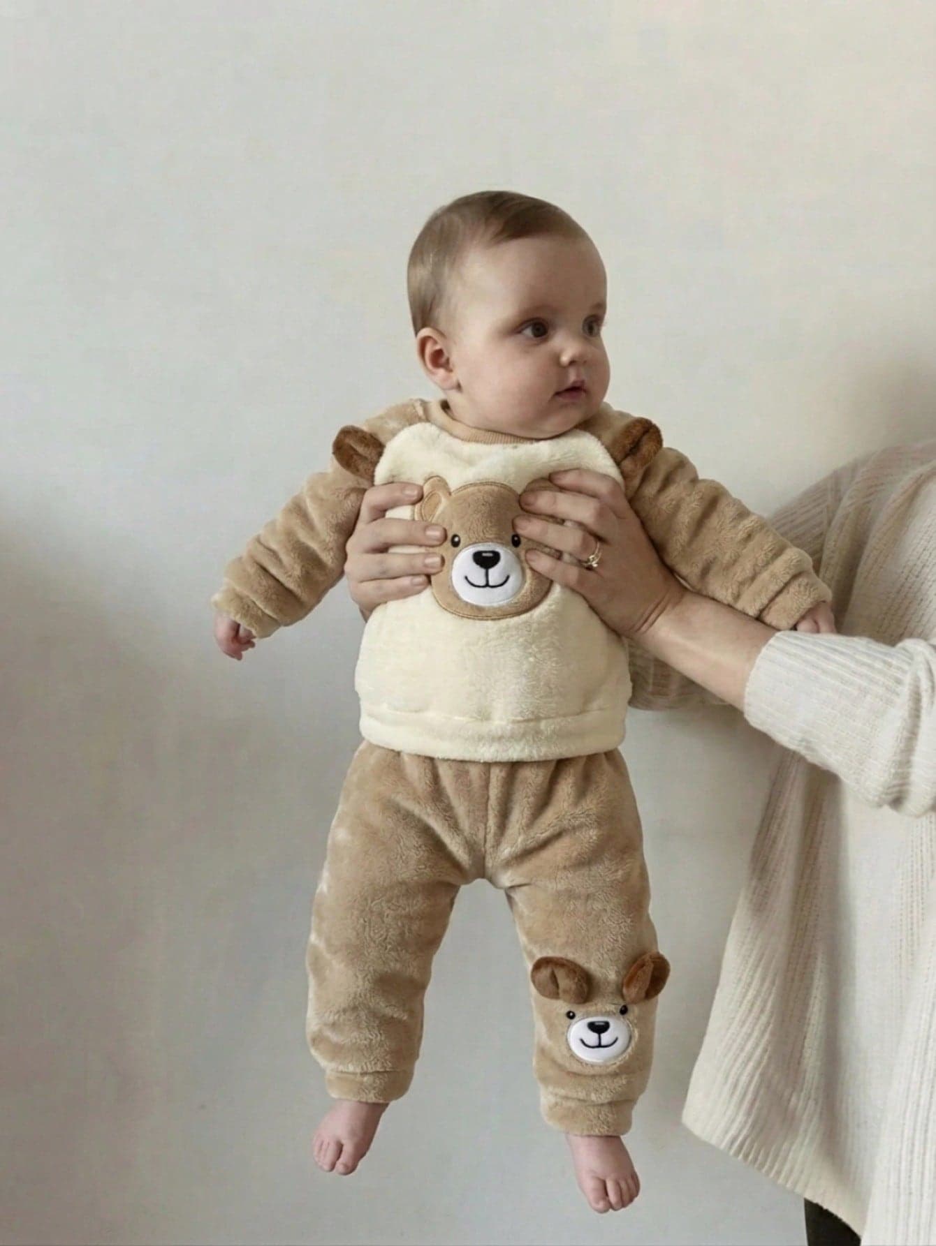 Souflis Souflis 2pcs/Set Baby Boy Autumn/Winter Flannel Outfit, 3D Bear Ear Embroidery, Casual Wear For Outings