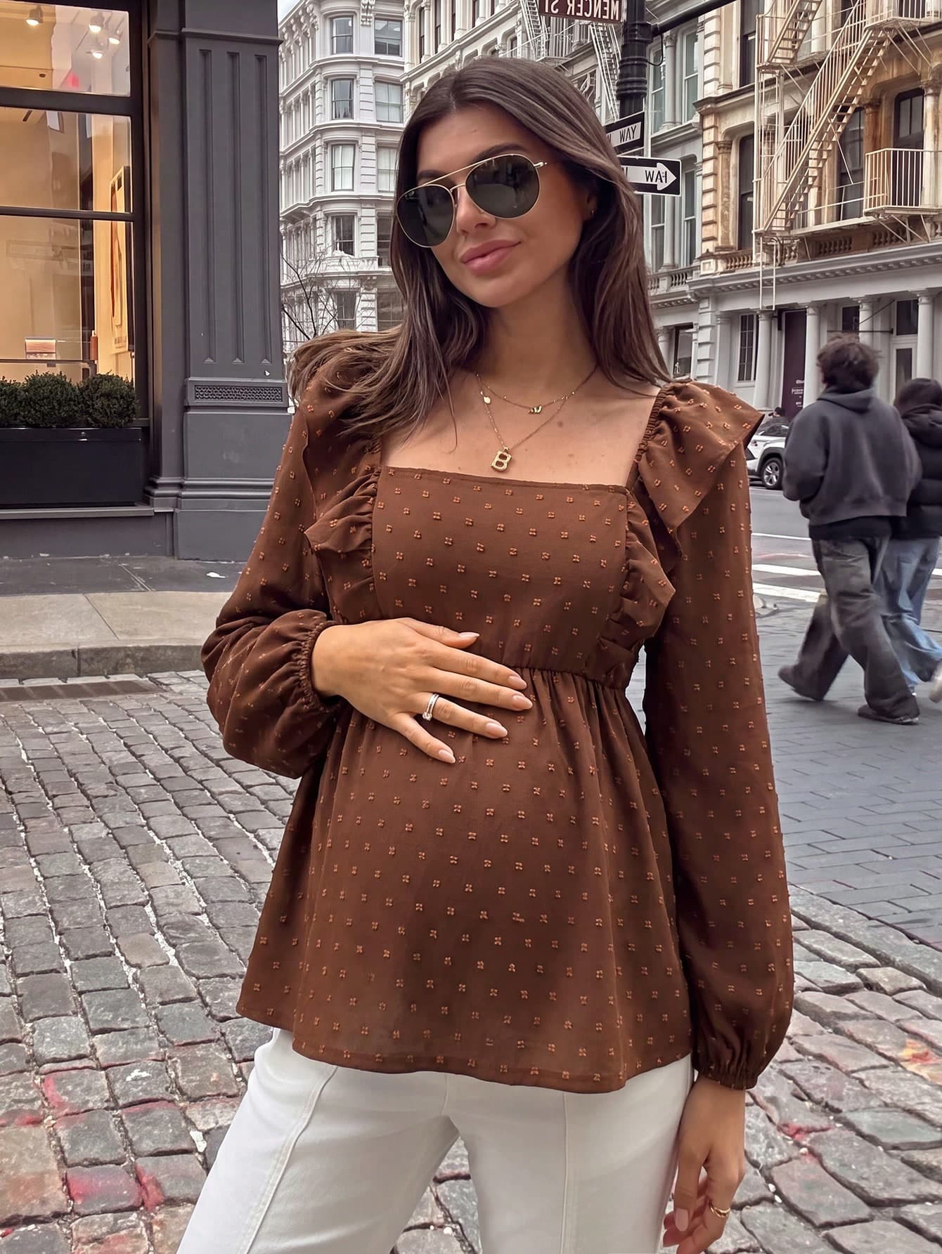 SHEIN Brown Woven Jacquard Nursing Top, Long Sleeve, Ruffle Trim, Square Neck, Front Side Zippers, Back Bow Tie, A-Line Hem Casual Summer