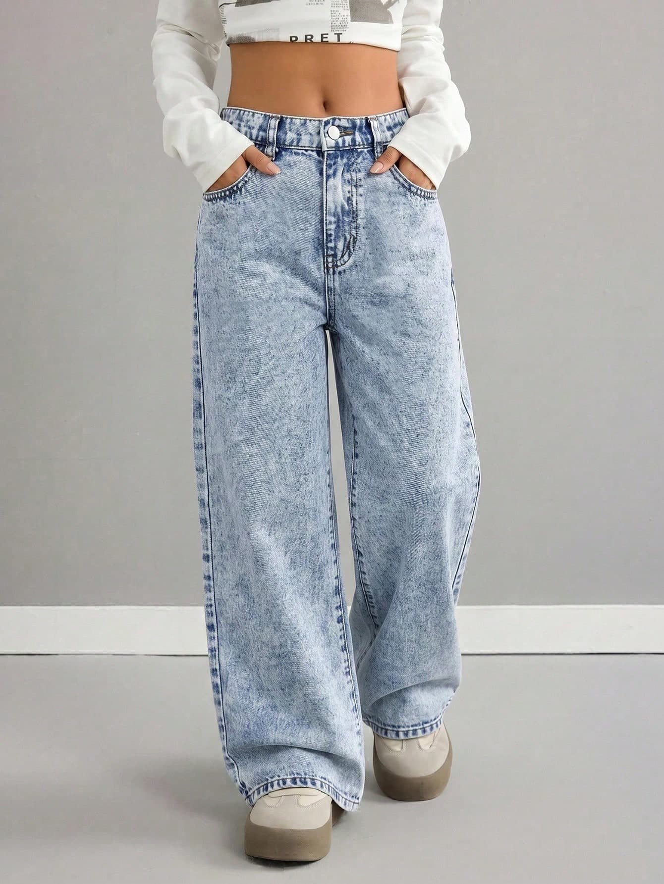 Tween Girls' Straight Loose Casual Versatile Denim Wide Leg Pants, Summer