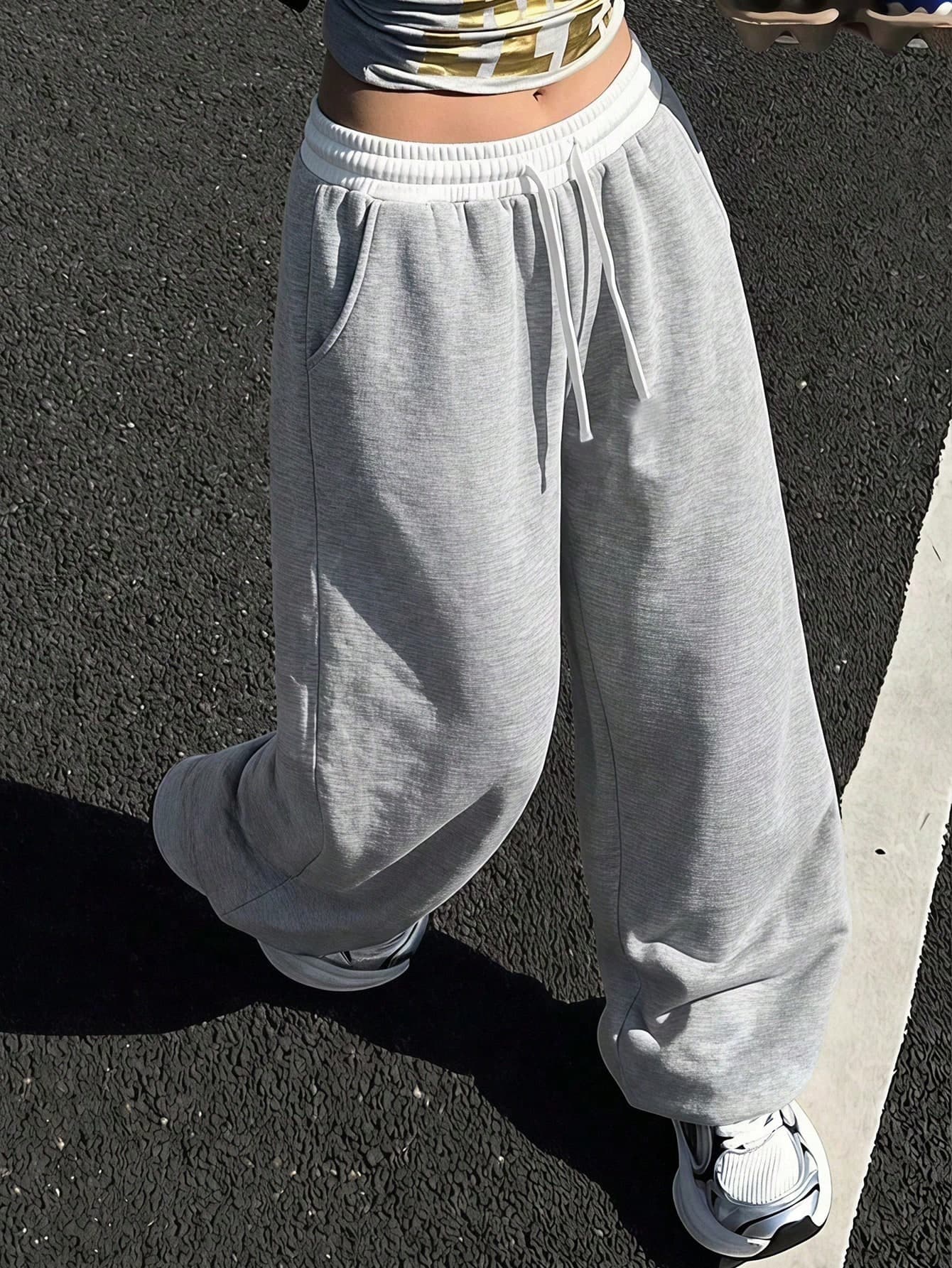 SHEIN Teen Girls Floral Grey & White Contrast Waistband Casual Streetwear Minimalist Sweatpants