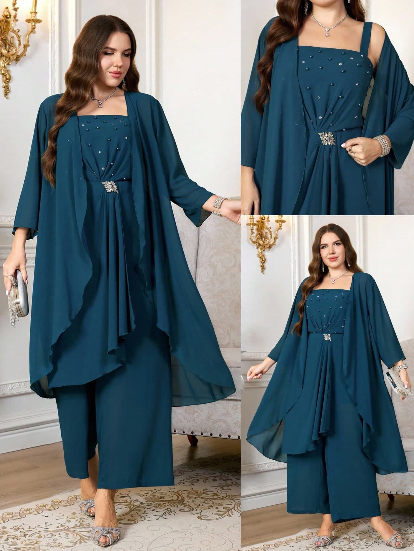 Reflora Plus Size Women Elegant 3/4 Sleeve Cardigan And Faux Pearl Decor Camisole Jumpsuit Set Formal Wedding Teal Autumn