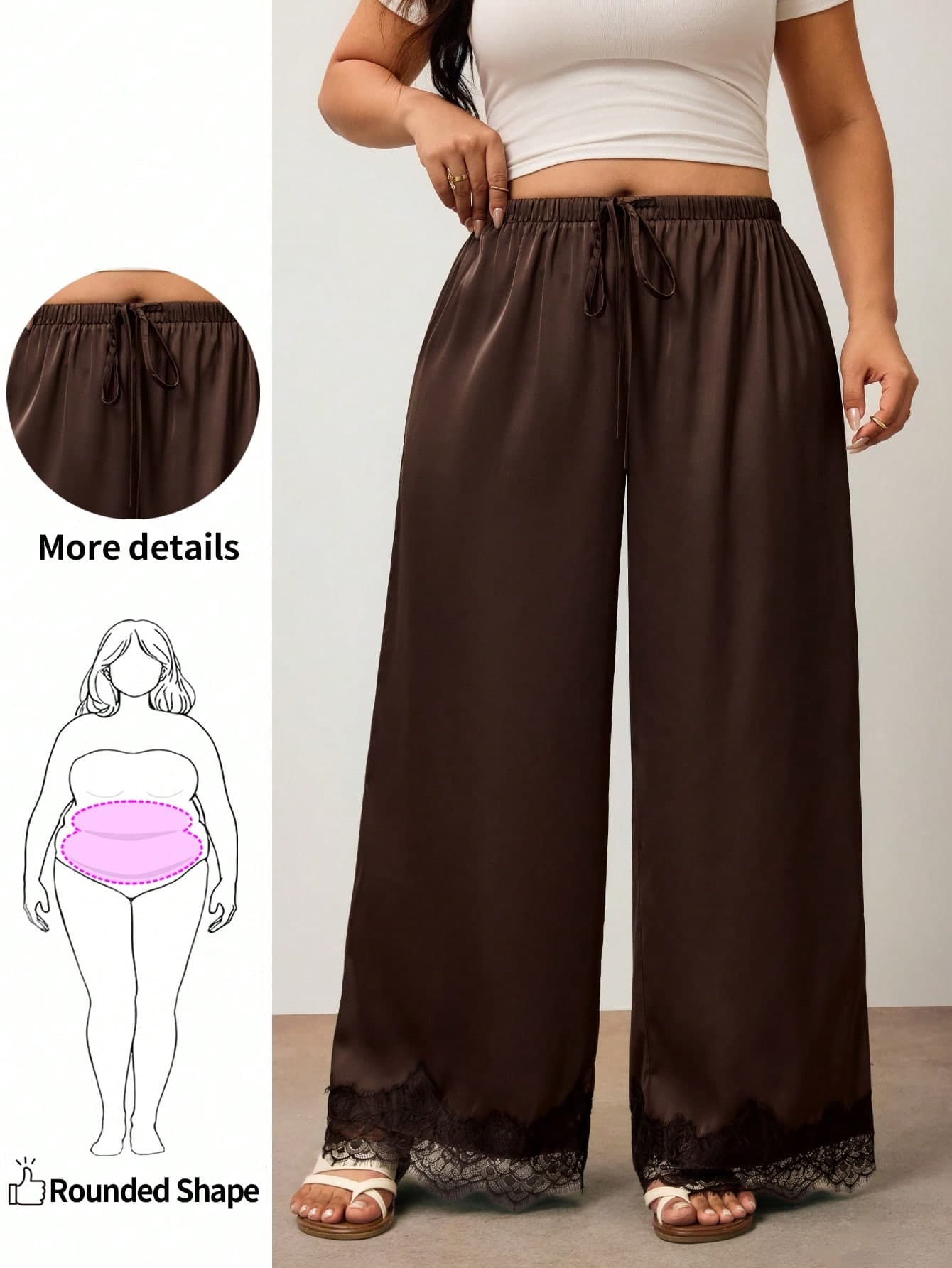 Enliva Plus Size Women's Anti-Wrinkle Satin Contrast Lace Straight Leg Loose Long Pants, Brown Satin Long Pants, Suitable For Summer