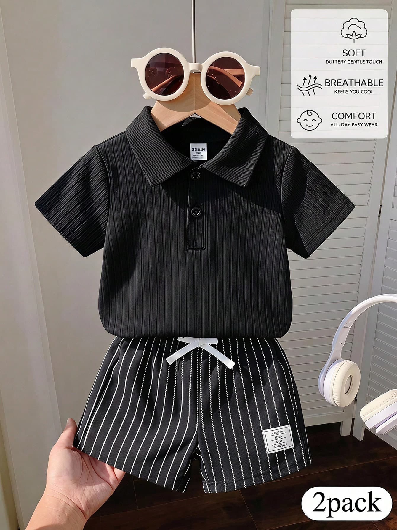 Souflis Souflis 2pcs Infant/Baby Boys Apricot Loose Fit Button Contrast Ribbed Cuffs Collar Short Sleeve Polo Shirt With Elastic Waist Shorts Set, Summer,Kid Clothes,Toddler Clothes, Baby Outfit, Infant Baby Boys Outfits,Baby Shirt ,Toddler Shorts,3M-3T