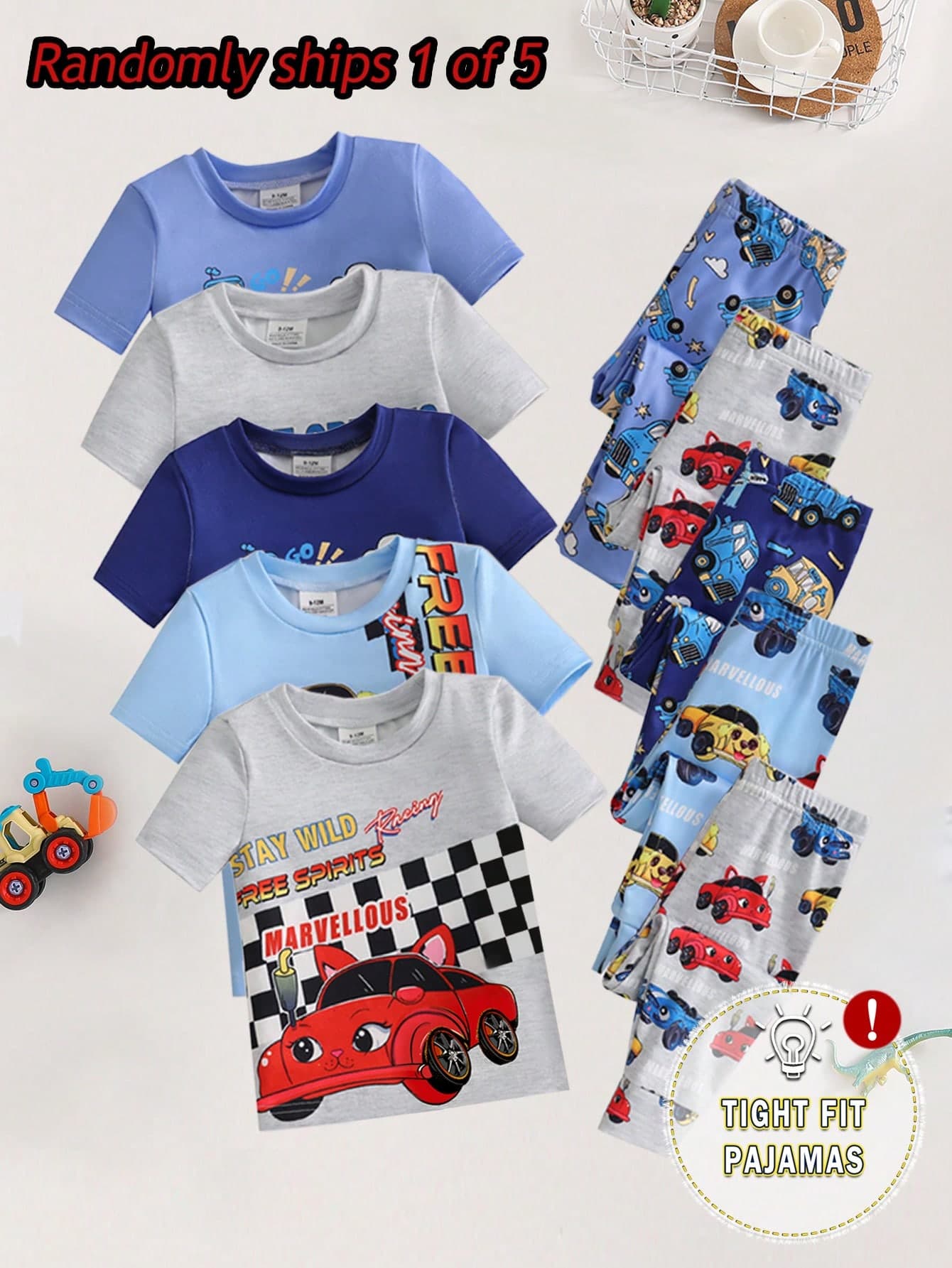 [5 Sets Randomly Sent 1 Set]Baby Boys Pajamas Transportation Print Short Sleeve Long Pants Knit Comfortable Soft Snug Fit Sleepwear Loungewear Set