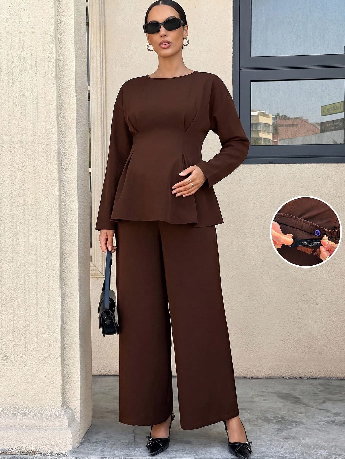 MaterniWear Maternity Two-Piece Set: Brown, Round-Neck, Drop-Shoulder, Long-Sleeved, Waist-Cinching Top + Adjustable-Waist Trousers. Office Outfits For Women