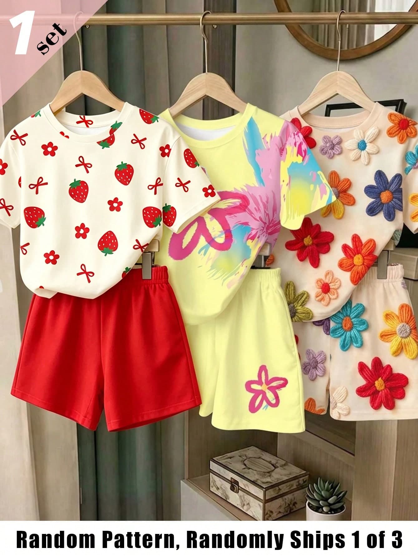 Elladie kids (Random Pattern, 1 Set Random) Girls' Fresh Cute Daily Strawberry Bow Colorful Floral Print Basic Short T-Shirt And Shorts Back To School