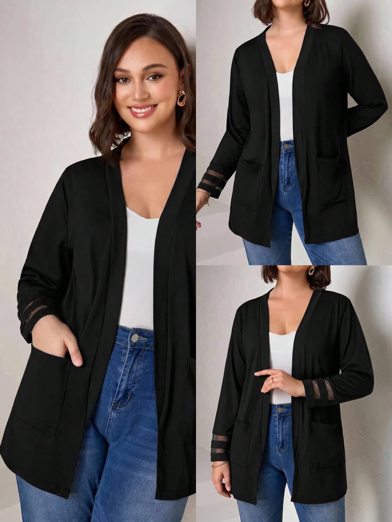 Chikora Plus Size Black Knit Pocket Loose Fit Cardigan With Pockets,Business Casual Woman