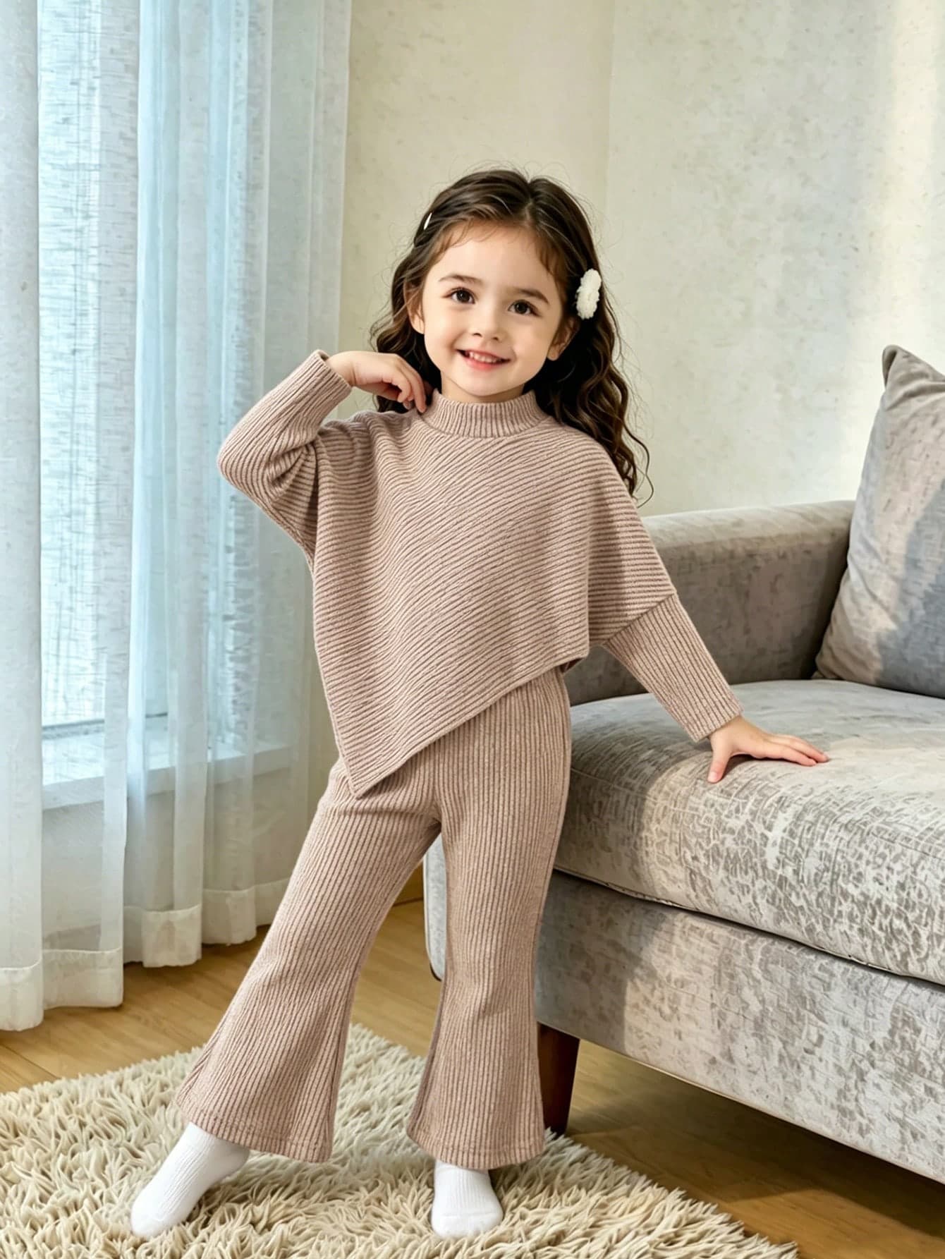 SHEIN Playful Pals Infant Girls' Spring/Autumn/Winter Casual T-Shirt Set, Design-Inspired Asymmetrical Pullover High-Neck Knitted Ribbed Brushed Fabric Khaki Solid Color Long Sleeve T-Shirt Top Paired With Khaki Casual Flared Pants, 2-Piece Set, Suitable For Spring/Autumn/Winter, Cute Childlike Simple Comfortable Outfit For Outings, Travel, Vacation And Party Wear