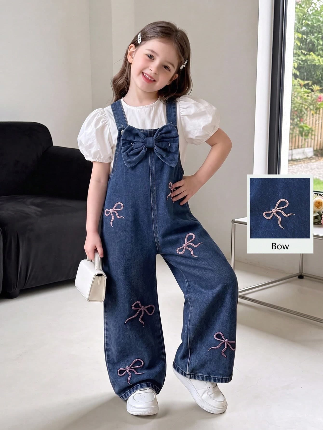 SHEIN Young Girls' Fashion Dark Blue Denim Bib Pants,Back-To-School Pink Bow Embroidery Decor Big Bow Loose Straight Leg Soft Comfortable Fabric Overalls