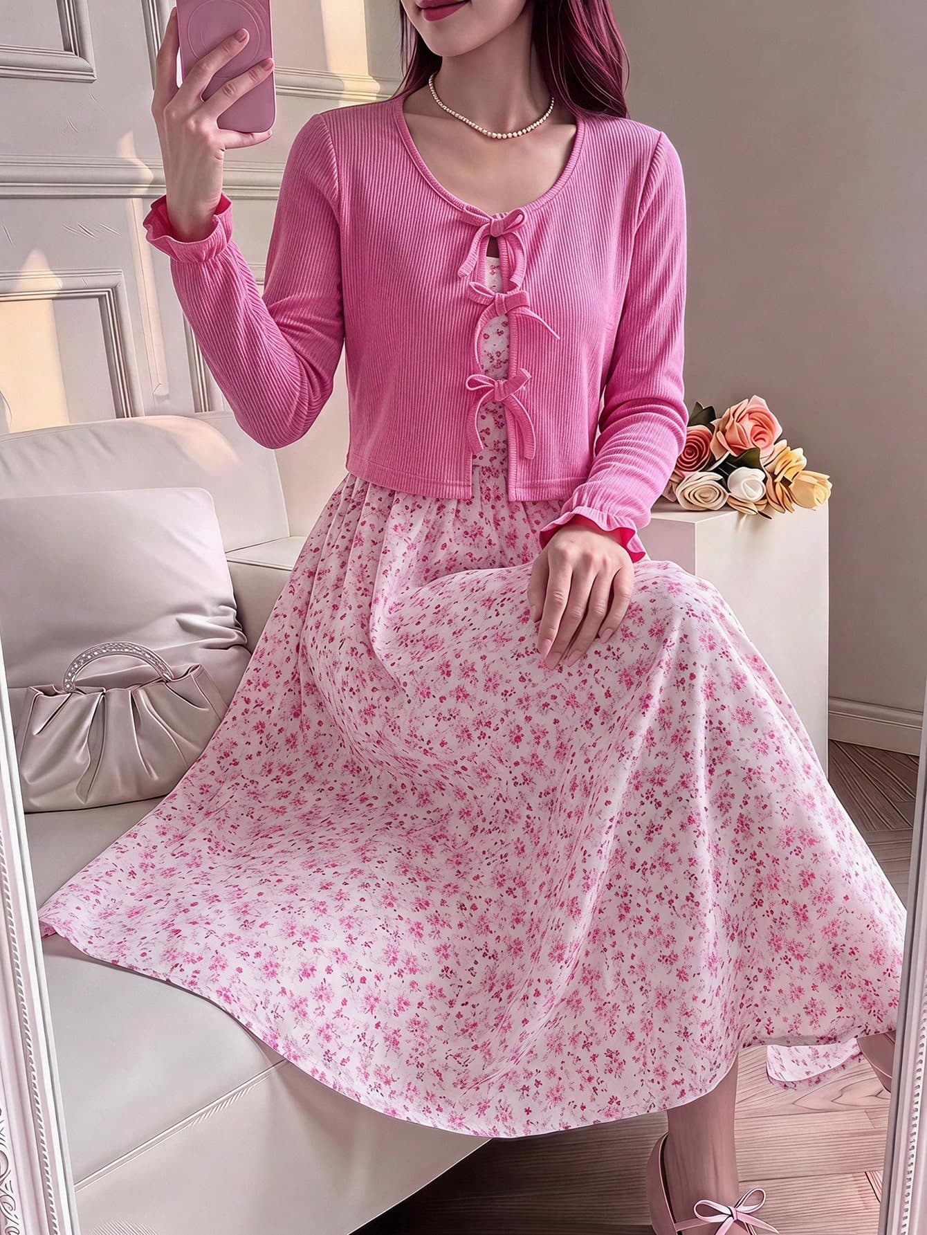 SHEIN Vintaside Kids 2pcs/Set Tween Girls Summer Casual Cute Knitted Ribbed Bow Decor Cardigan Top And Printed Spaghetti Strap Simple Dress Birthday Light Pink Pink Floral