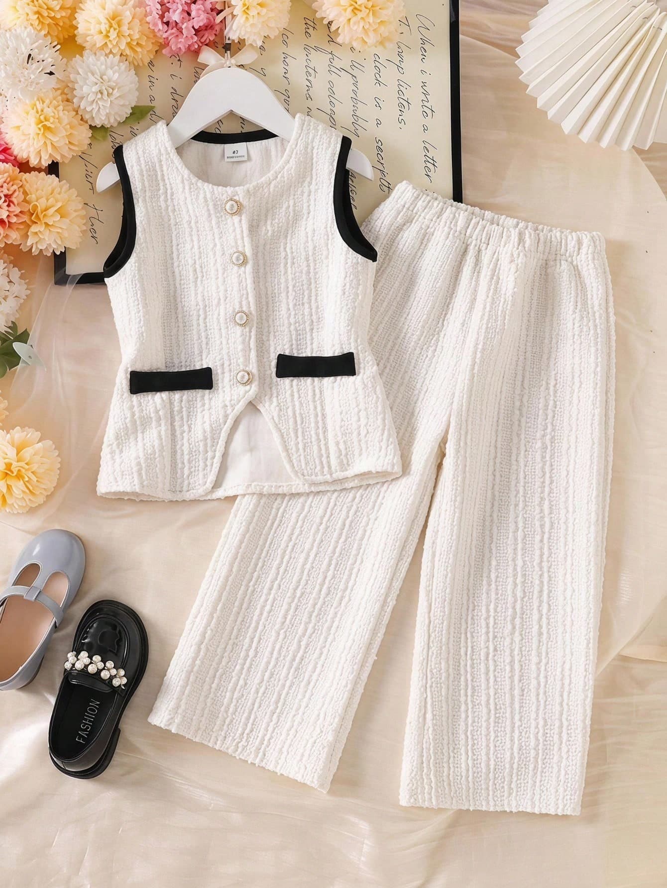 Elladie kids Young Girls Black & White Vest And Straight Leg Pants 2 Pieces Set, Summer Fashion Elegant