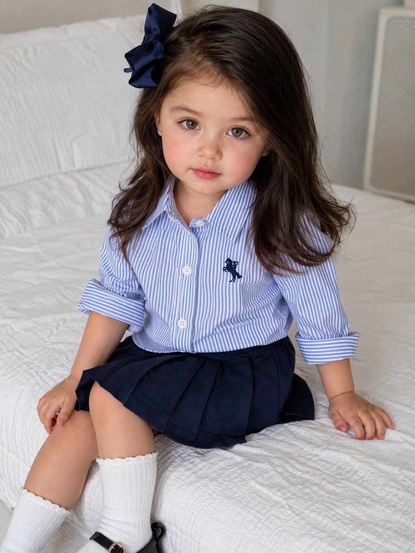 Souflis Souflis SHEIN Little Byeori 1-Pack Baby Girls White Striped Lapel Shirt, Soft Summer Kindergarten Casual Gift Top