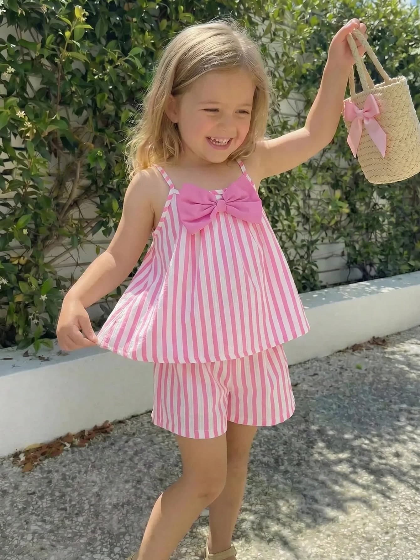 Elladie kids Young Girls Light Pink Striped Camisole Top And Bow Set,Adorable Sweet Summer Holiday Clothes,Comfortable Daily Wear Birthday Children Outfit