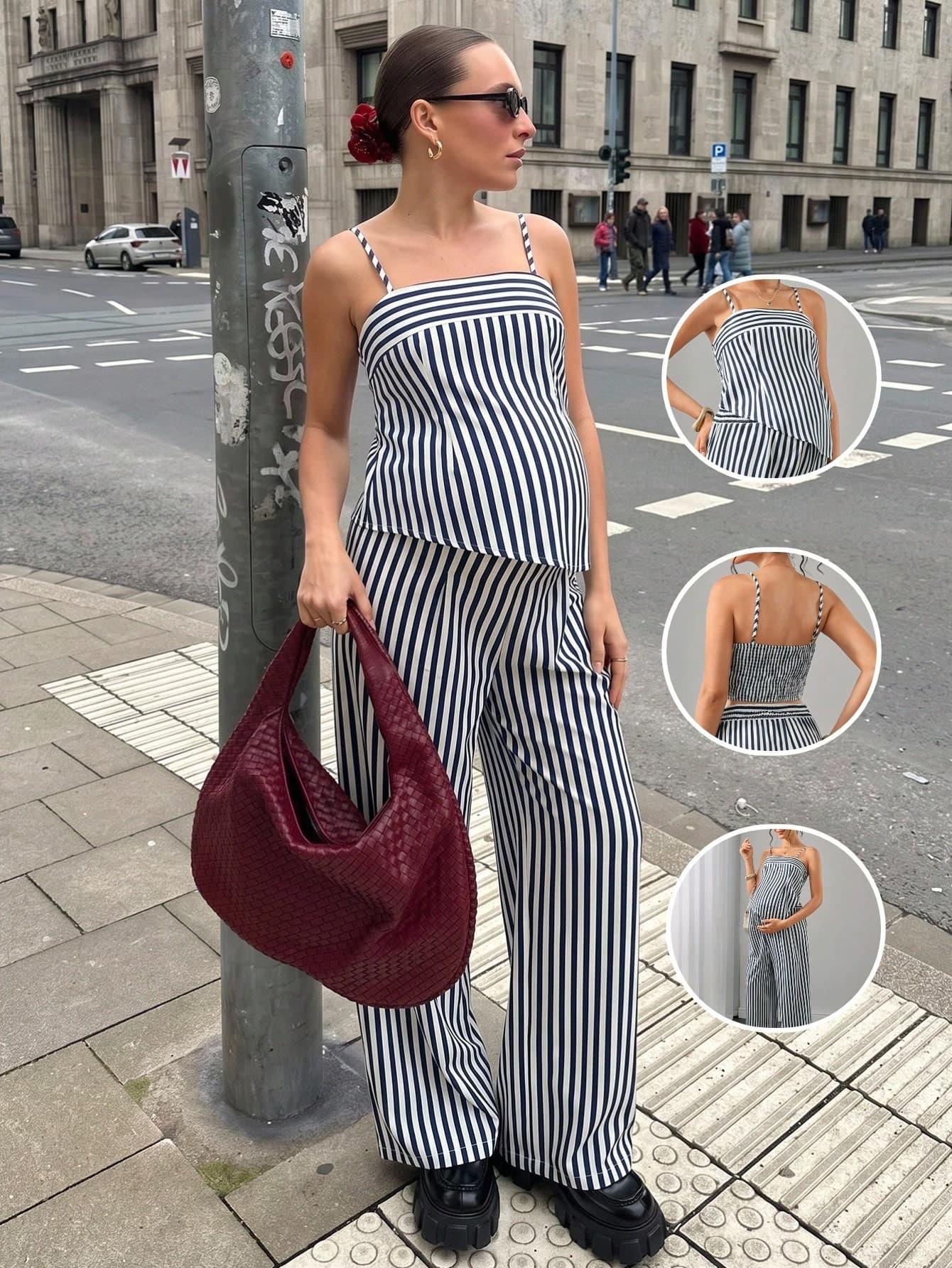 Momance Summer Striped Camisole & Wide Leg Pants Maternity 2 Pieces Set
