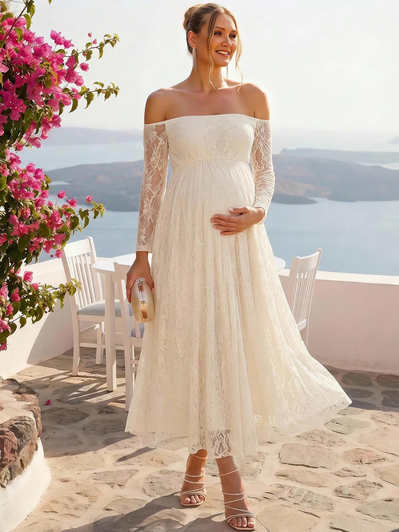 Loomaby Elegant Solid Color Lace Off-Shoulder Maternity Party Dress,Gender Reveal Dress,Maternity Dress,Baby Shower Dress,Party,Wedding,Birthday