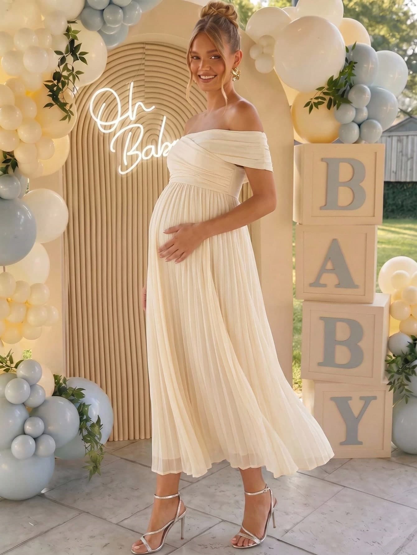 Loomaby Maternity Solid Color Pleated Off-Shoulder Fashion Dress For Vacation, Evening Party, Gathering,Gender Reveal Dress,Maternity Dress,Baby Shower Dress,