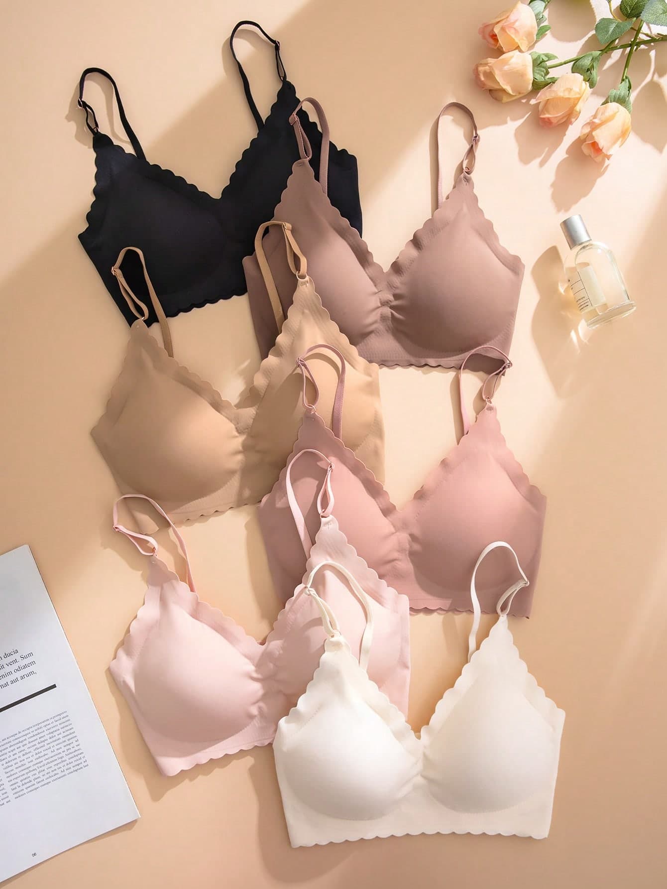 SHEIN 6 Pcs/Set Seamless Icy Silk Camisole Underwear Set With Wave Hem
