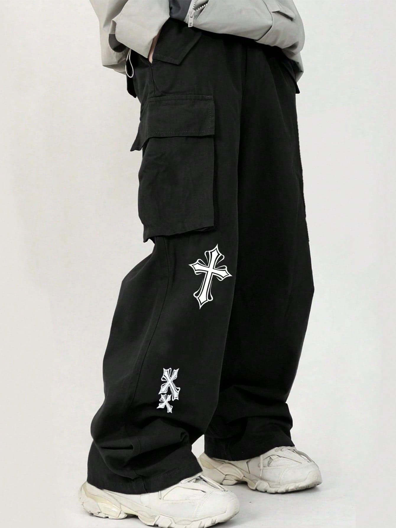 SHEIN Teens Boys Streetwear Black Cargo Pants,Youth Casual Solid Baggy Wide Leg Pants With Decorative Details,Versatile Summer Fall Autumn Winter Trousers