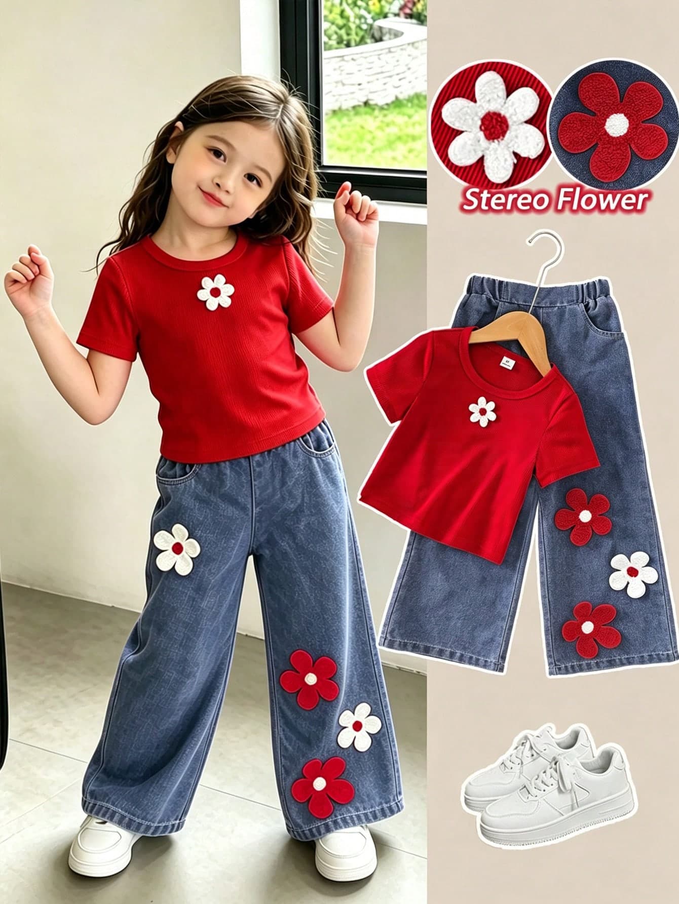 SHEIN Playful Pals Young Girl New Cute & Playful Short Sleeve T-Shirt + Jeans 2-Piece Set, Knitted Fabric Light Purple Round Neck Short Sleeve T-Shirt With Fresh White Flower Applique On Front, Paired With Washed Blue Denim Long Pants Decorated With Purple And White Flower Applique, Soft And Comfortable Fabric, Effortlessly Wearable American Casual Style, Suitable For Young Girl Cute & Playful, Casual & Minimalist, Comfortable Commute Outfits, Perfect For Daily School, Outdoor Play, Weekend Outings, Combining Comfort And Fashion