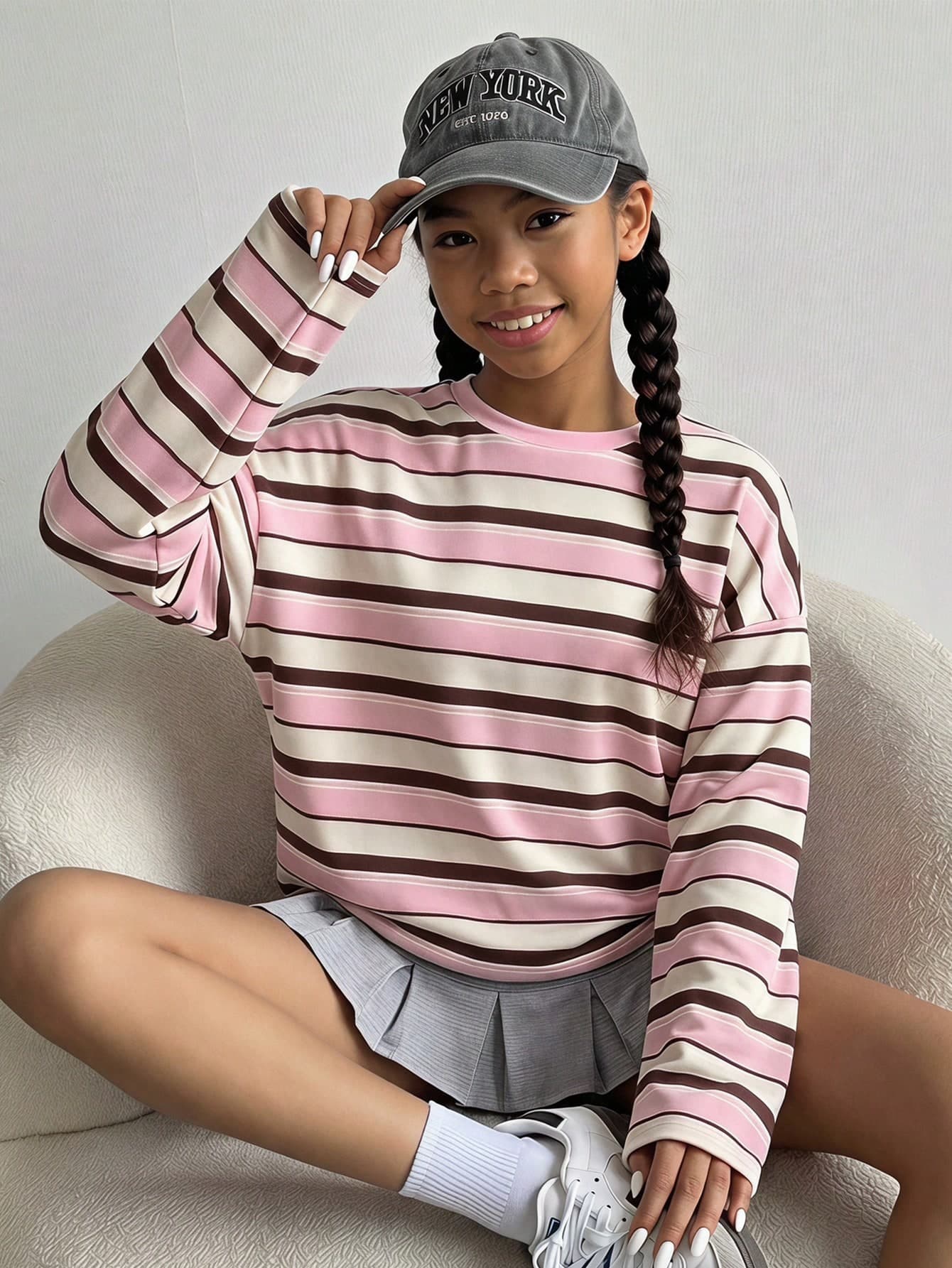 SHEIN Tween Girl Colorblock Horizontal Striped Long Sleeve T-Shirt, Pink, Coffee, Apricot Three-Color Patchwork Crew Neck Drop Shoulder Loose Oversized Slouchy Pullover Top, Preppy Style Spring/Autumn Casual Everyday Outing Base Layer T-Shirts
