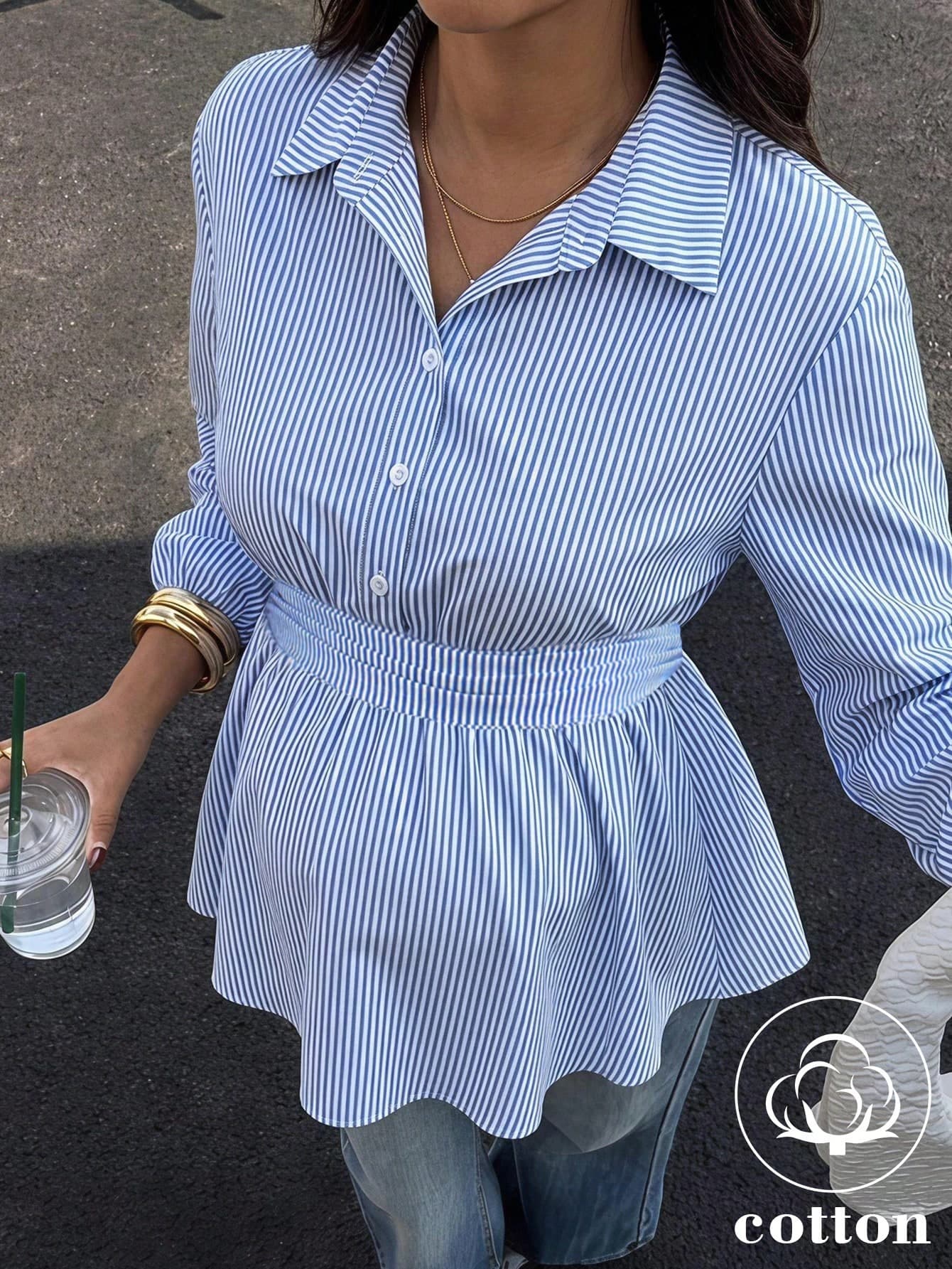 SHEIN Women's Maternity Long-Sleeve Blue And White Striped Shirt With Cinched Waist And Pleated Details – Autumn Style Going Out Outfits Cotton Fall