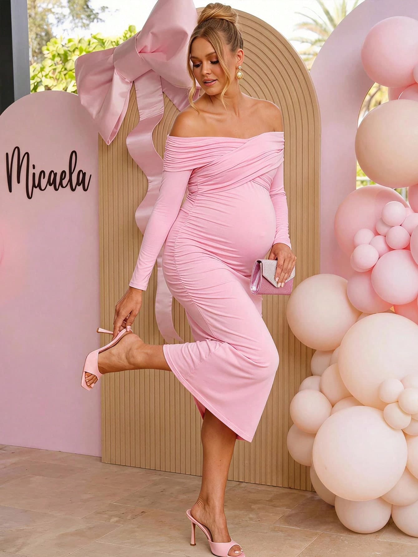 Loomaby Maternity Solid Color One-Shoulder Ruched Casual Party & Travel Dress,Gender Reveal Dress,Maternity Dress,Baby Shower Dress,Party,Wedding,Birthday