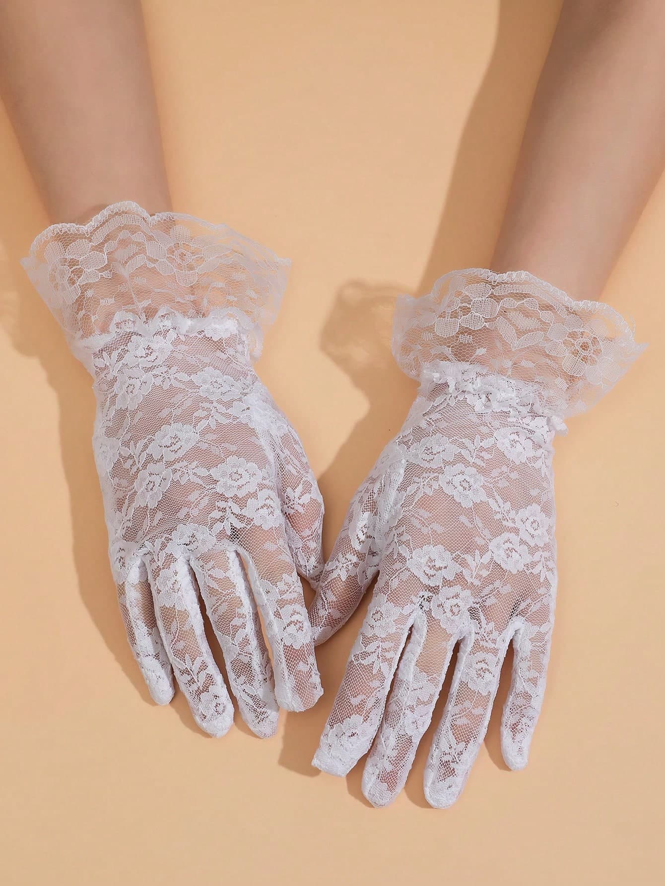 1 Pair Women White Lace Trim Sexy Short Gloves, Bridal Wedding Gloves