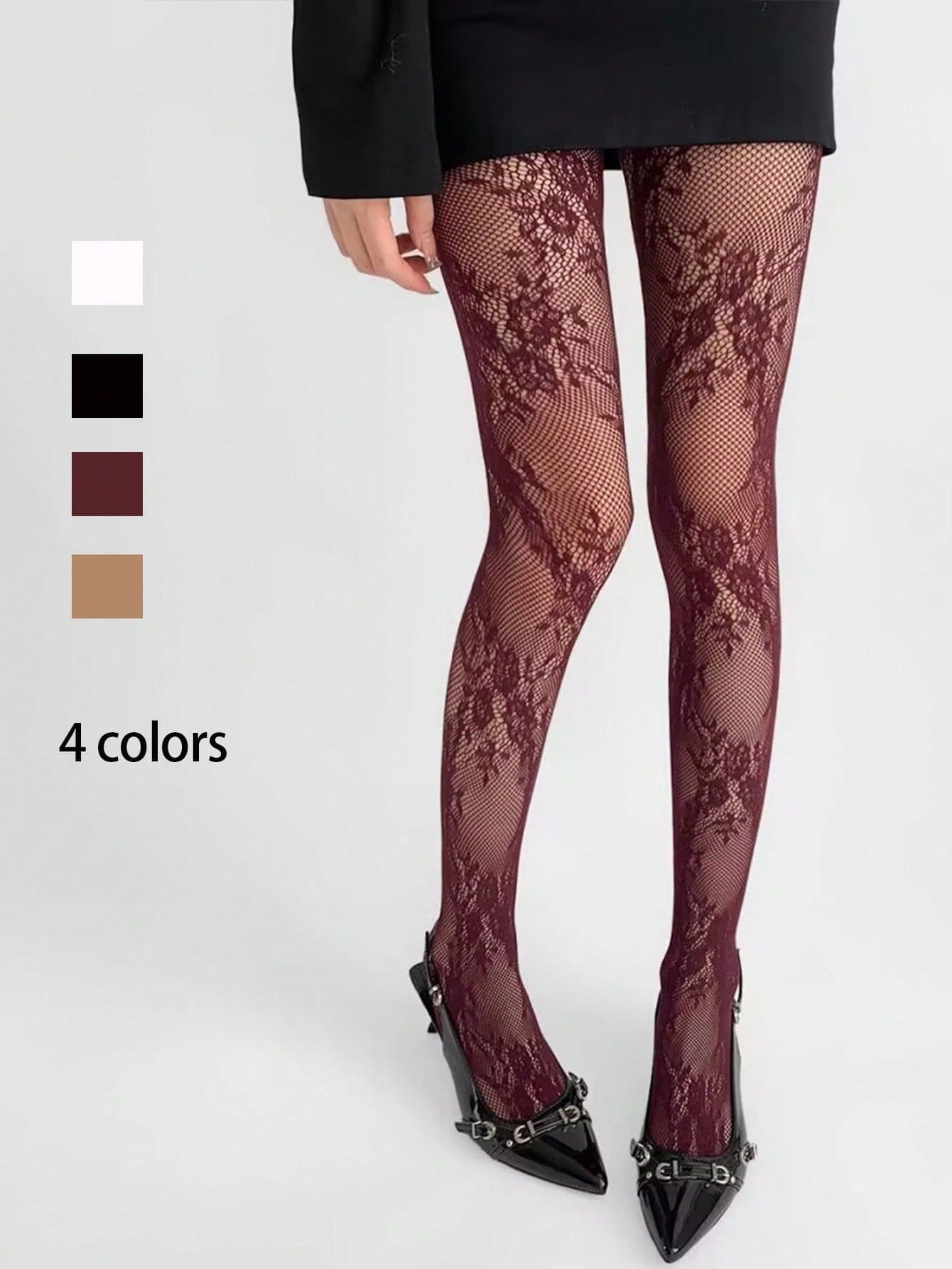 1pc 4-Color Lace Pantyhose, New Spring Collection, French Style Fishnet Stocking In Black, White, Wine Red, Sexy And Alluring