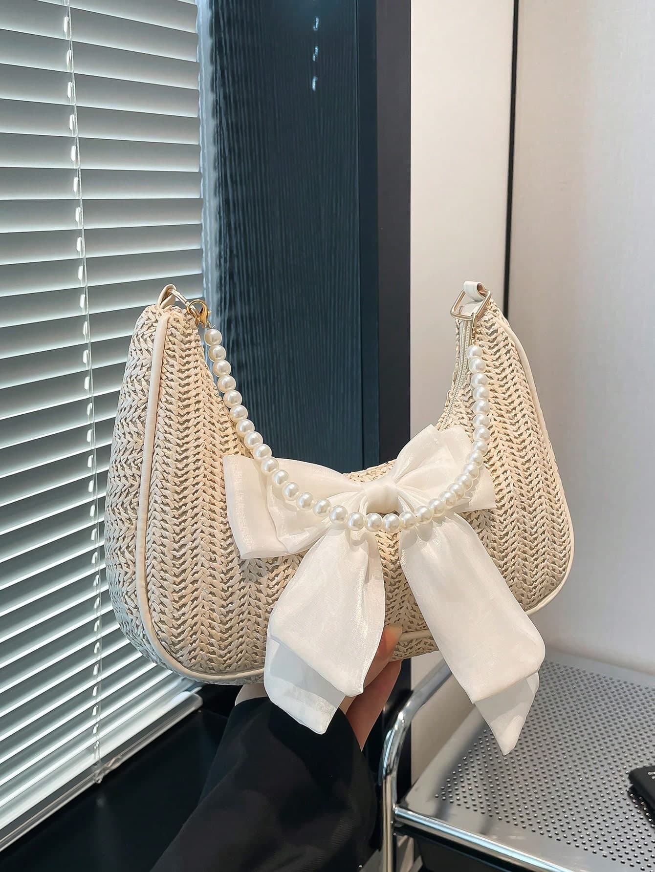 New Spring/Summer Fashion Handbag With Bow Scarf Decor, Straw Shoulder Bag, Casual Crescent Shape Shoulder Bag With Faux Pearl Chain, Elegant Woman Bag, Beach Necessities,Beach Essentials,Beach Stuff & Summer Essentials, Fashionable Bow Purse For Women, Pearl Bag