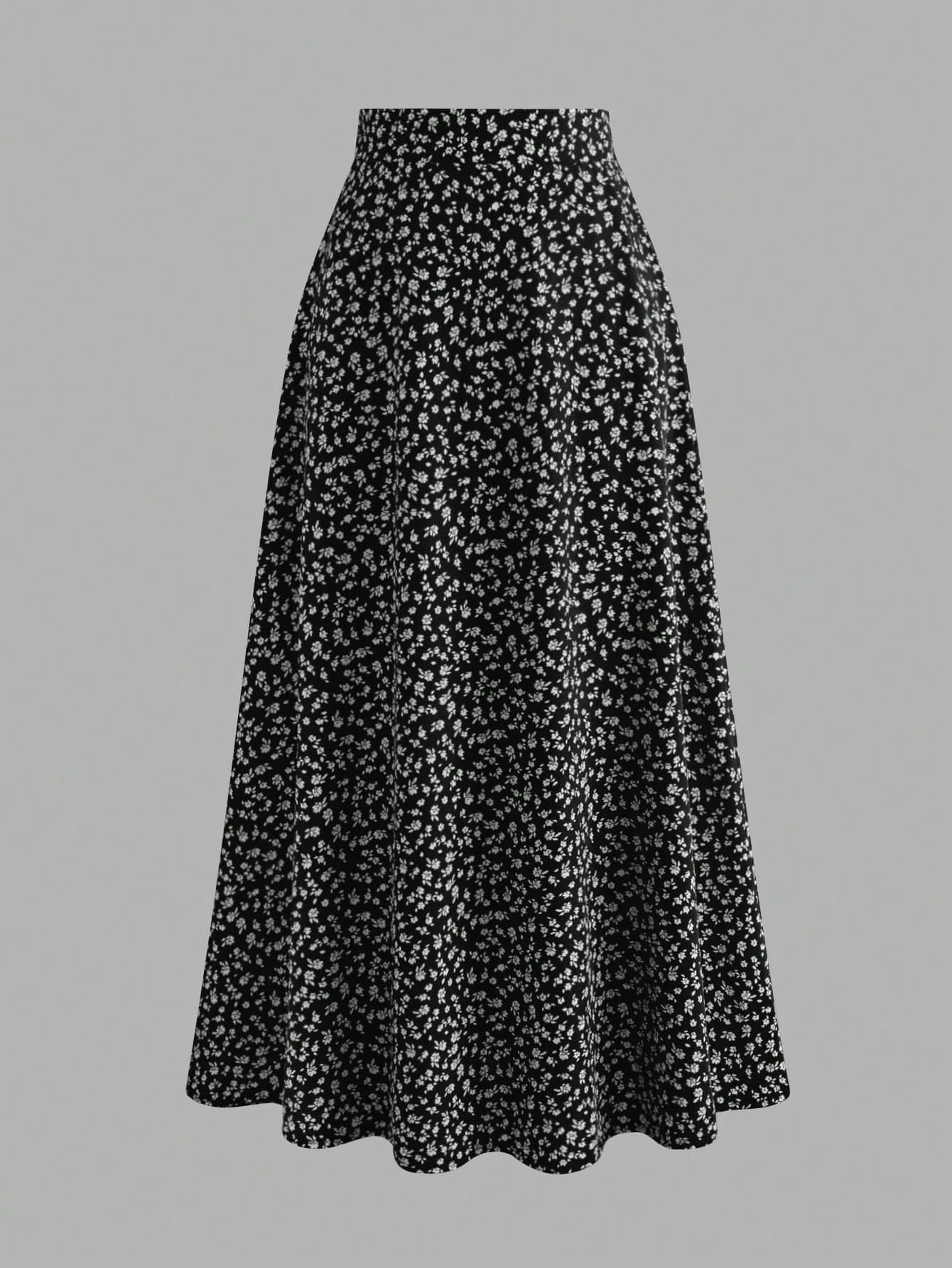 EARO Women's Spring/Summer Ditsy Floral High Waist A-Line Skirt, Casual Outdoor Vacation Black
