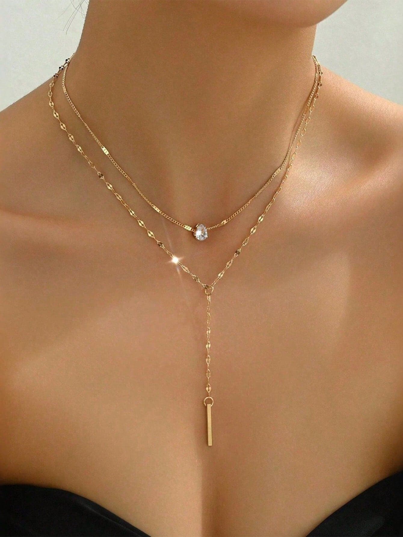 1pc Gold Y-Shaped Multi-Layer Water Drop Rhinestone Tassel Necklace, Suitable For Women's Daily Wear, Adult Jewelry Gift