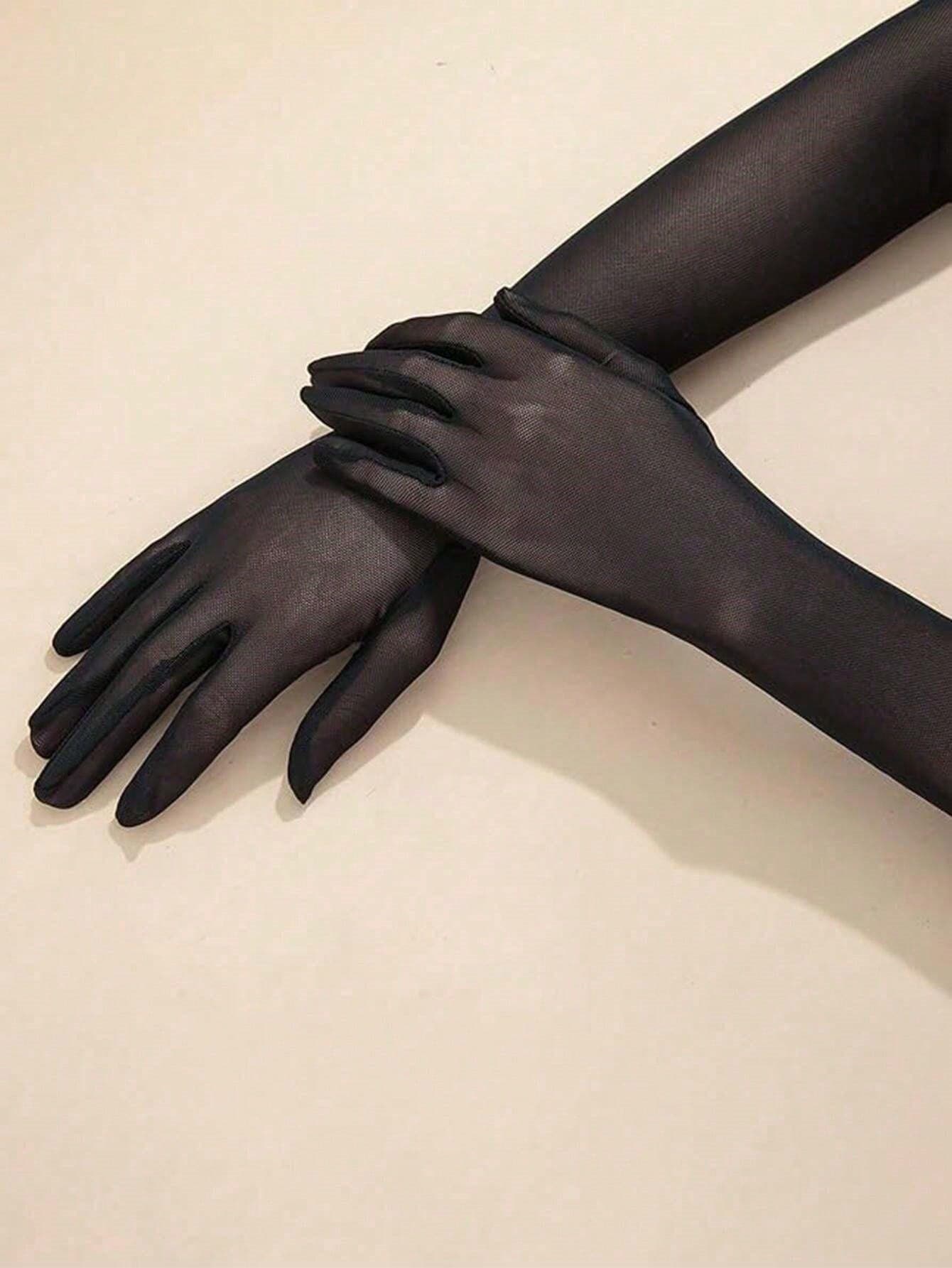 Black Elastic Lace Mesh Semi-Sheer Opera Gloves, Solid Color Elegant Bridal Gloves, Suitable For Wedding, Evening Party, Halloween Accessories