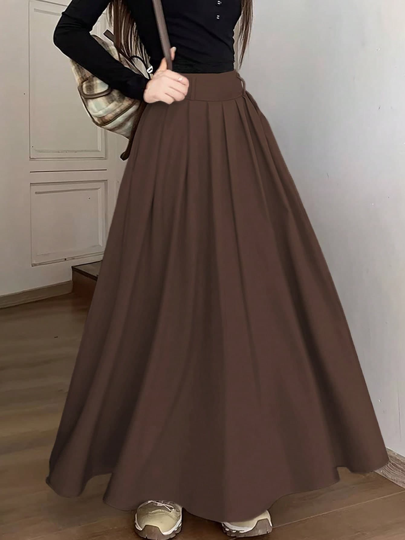 Flowing, Crisp Coffee Brown Solid Color Maxi Skirt For Commute/Date/Casual Wear, Pleated Flared Details, Pockets, Versatile, Daily Wear Spring