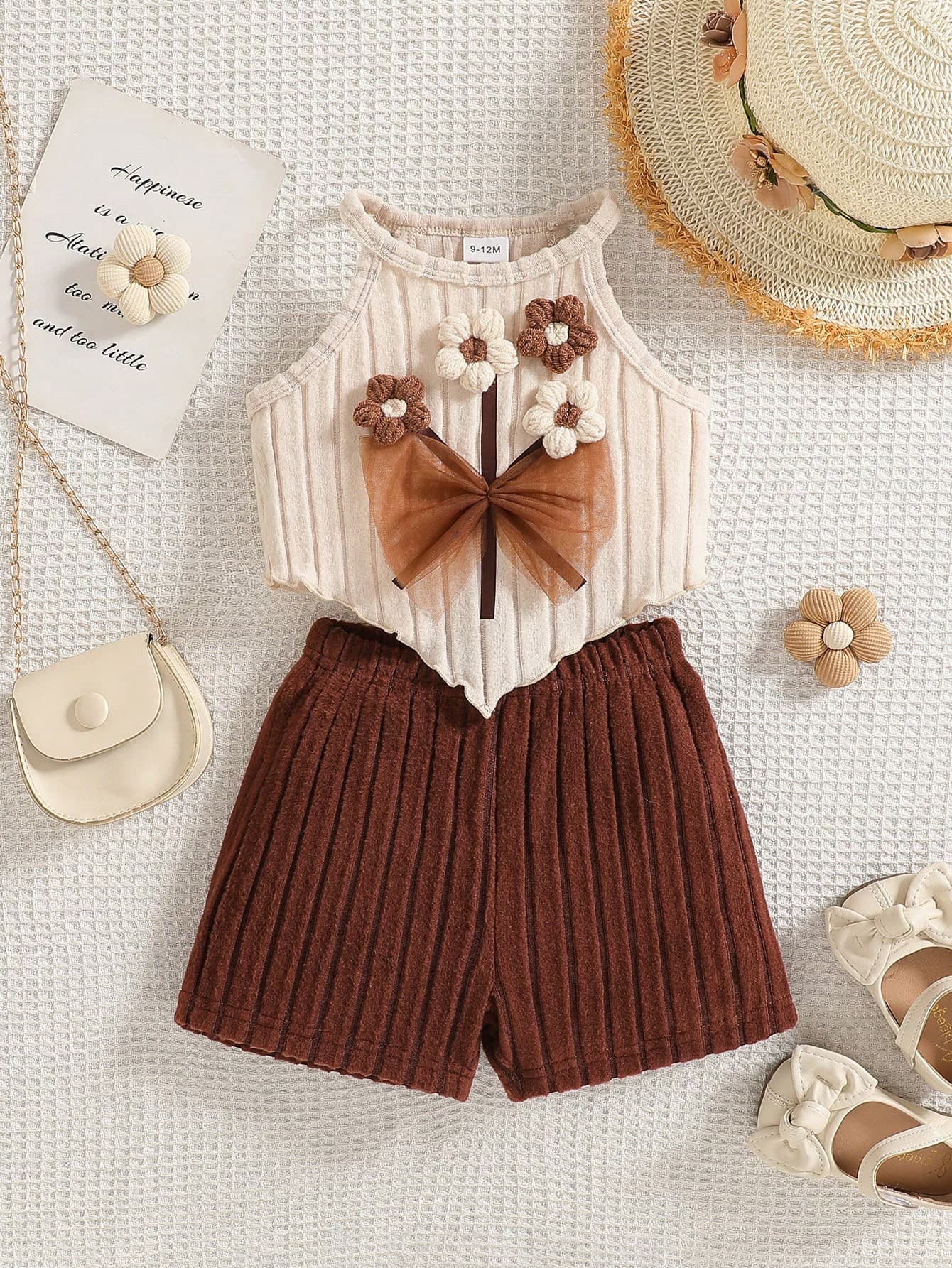 HAO6 0-3 Years Old Baby Girls Fashion Set: Beige Camisole Top With Crochet Flower & Bow Decor, Brown Ribbed Shorts