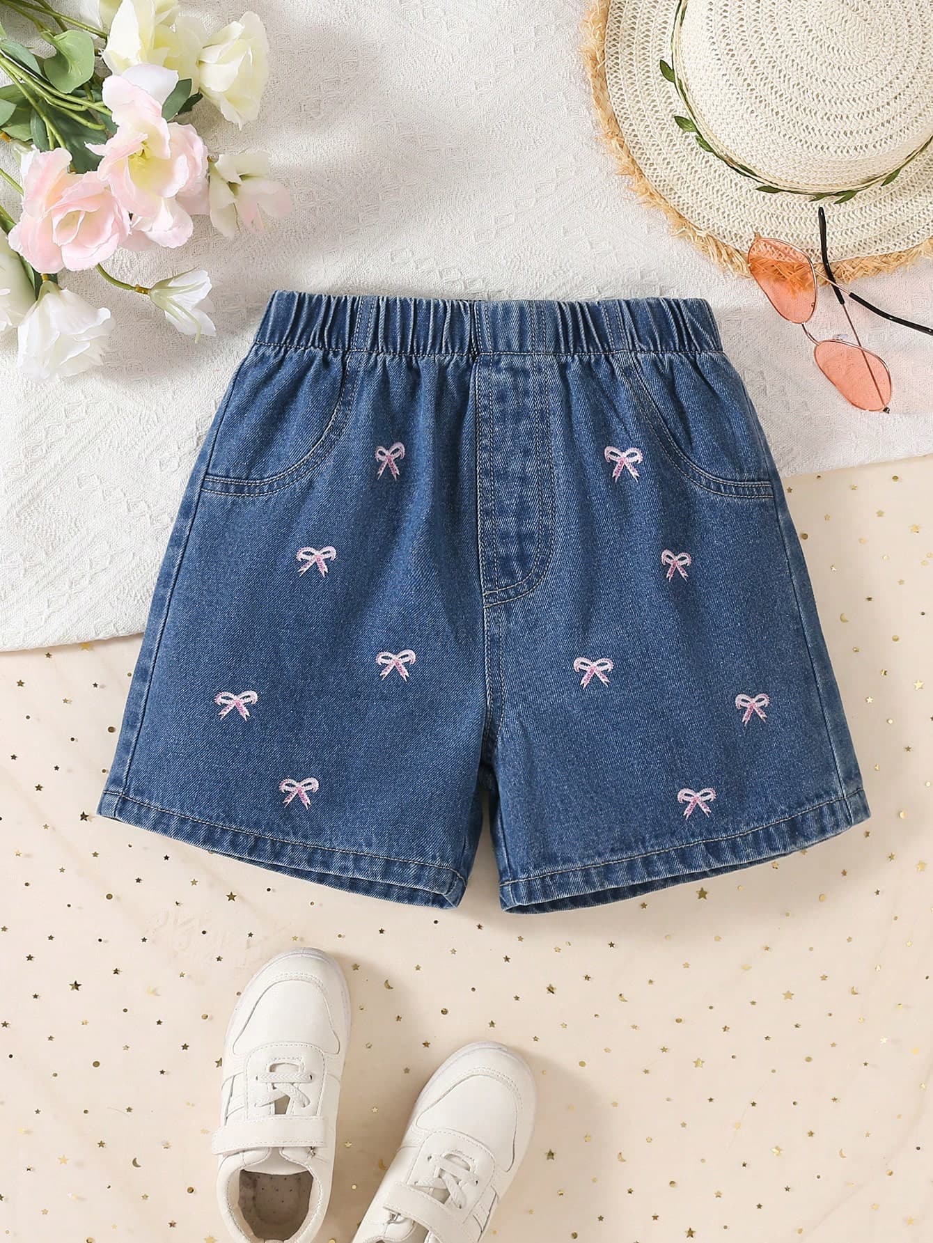 1pc Girls' Fashion Everyday Embroidered Pink Bow Denim Shorts