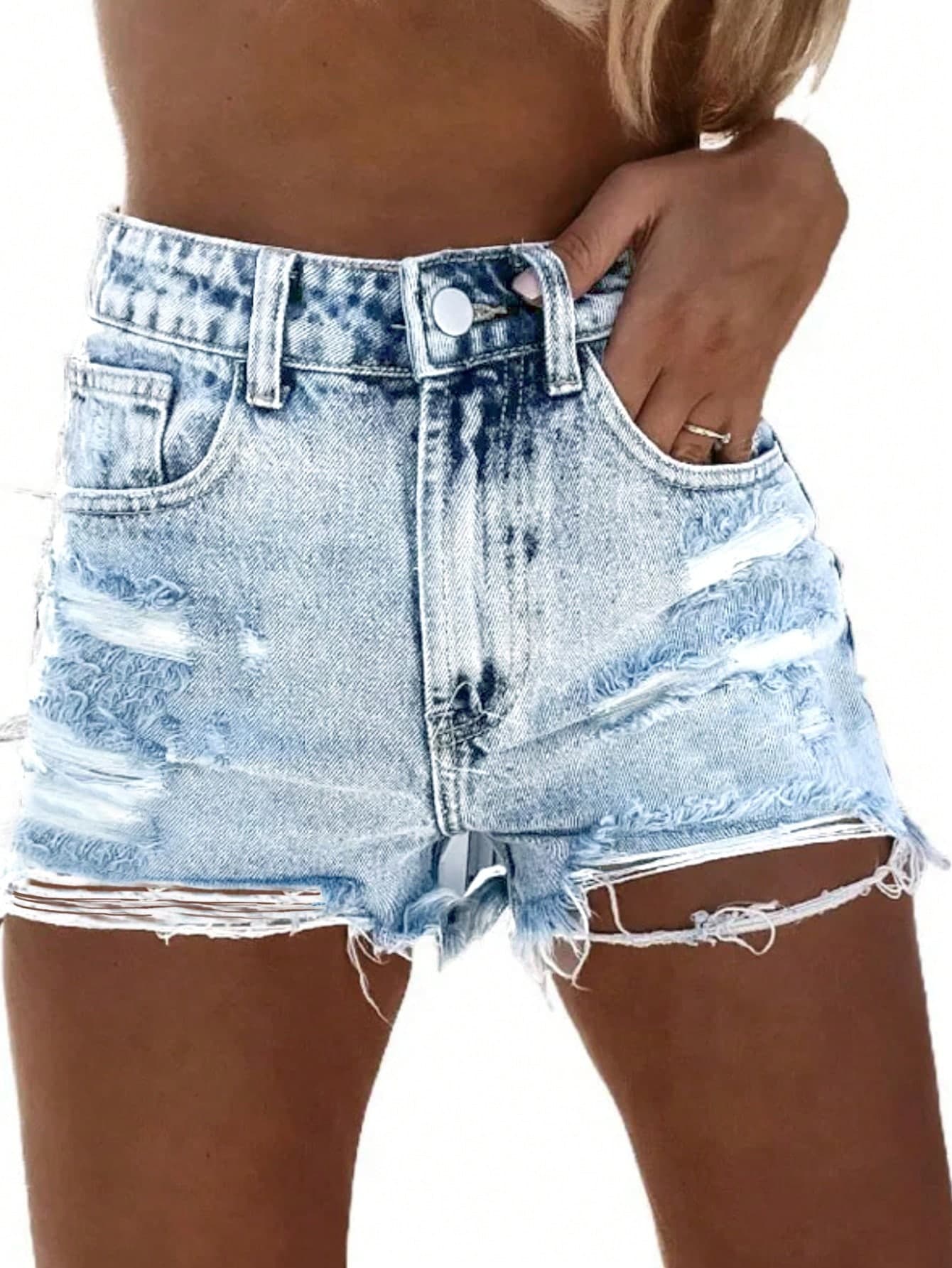 STLY Women's High-Waisted Slightly Stretchy Distressed Classic Vintage Nostalgic Street Style Hot Girl Rebellious Frayed Hem Design Sense Casual