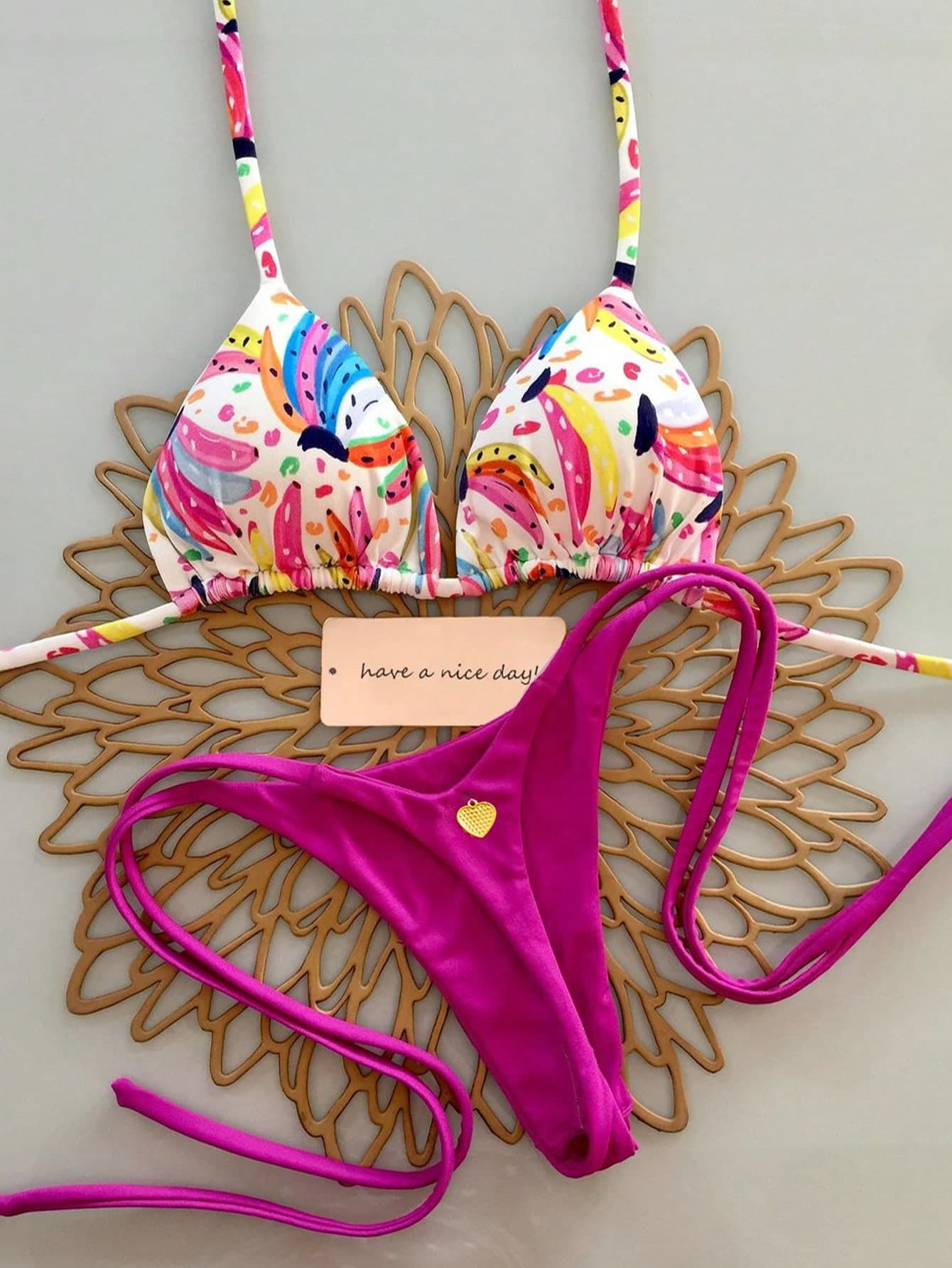 2PCS Women Summer Beach Pattern Print Halter Tie Sexy Thong Bikini Set Vacation