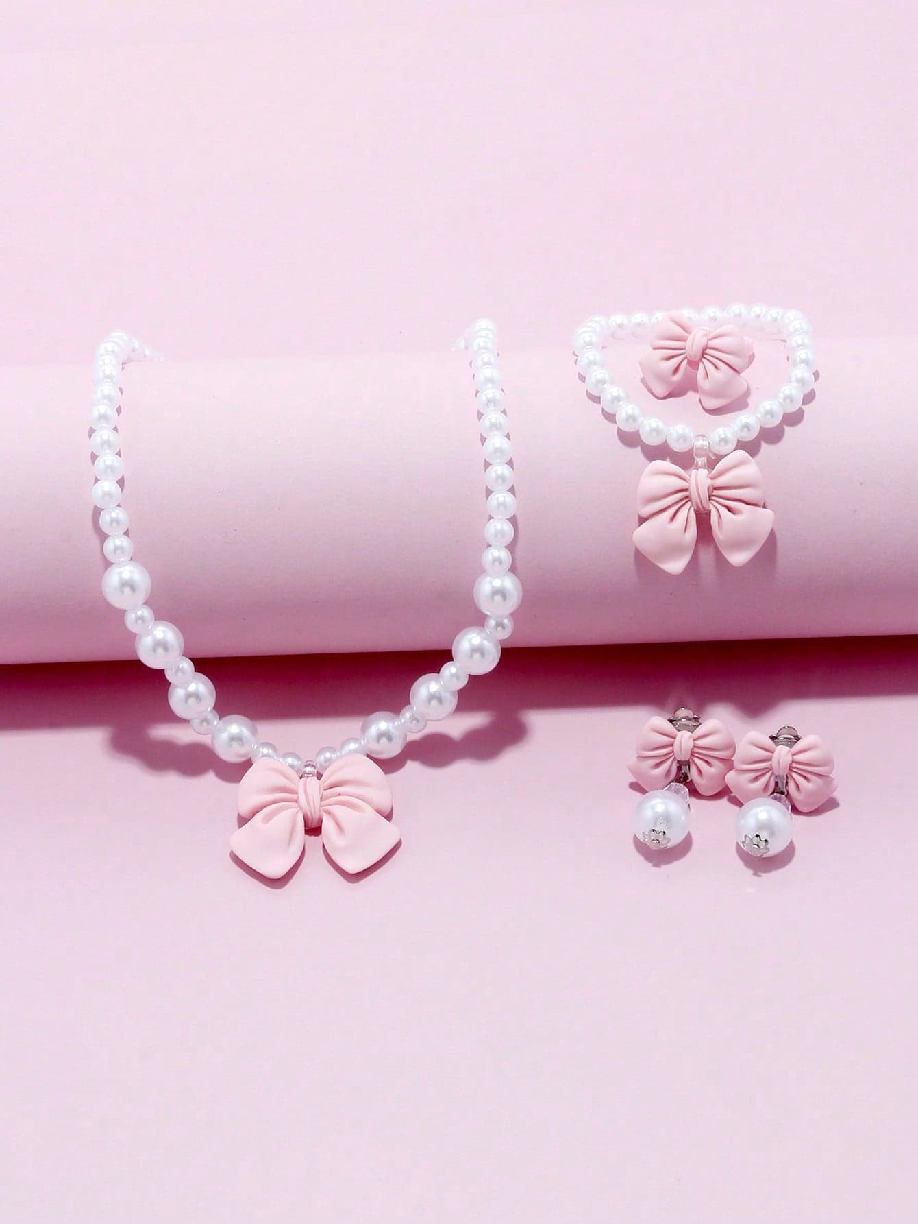 5pcs/Set Kids Faux Pearl Bow Necklace, Bracelet, Earrings, Ring Jewelry Set