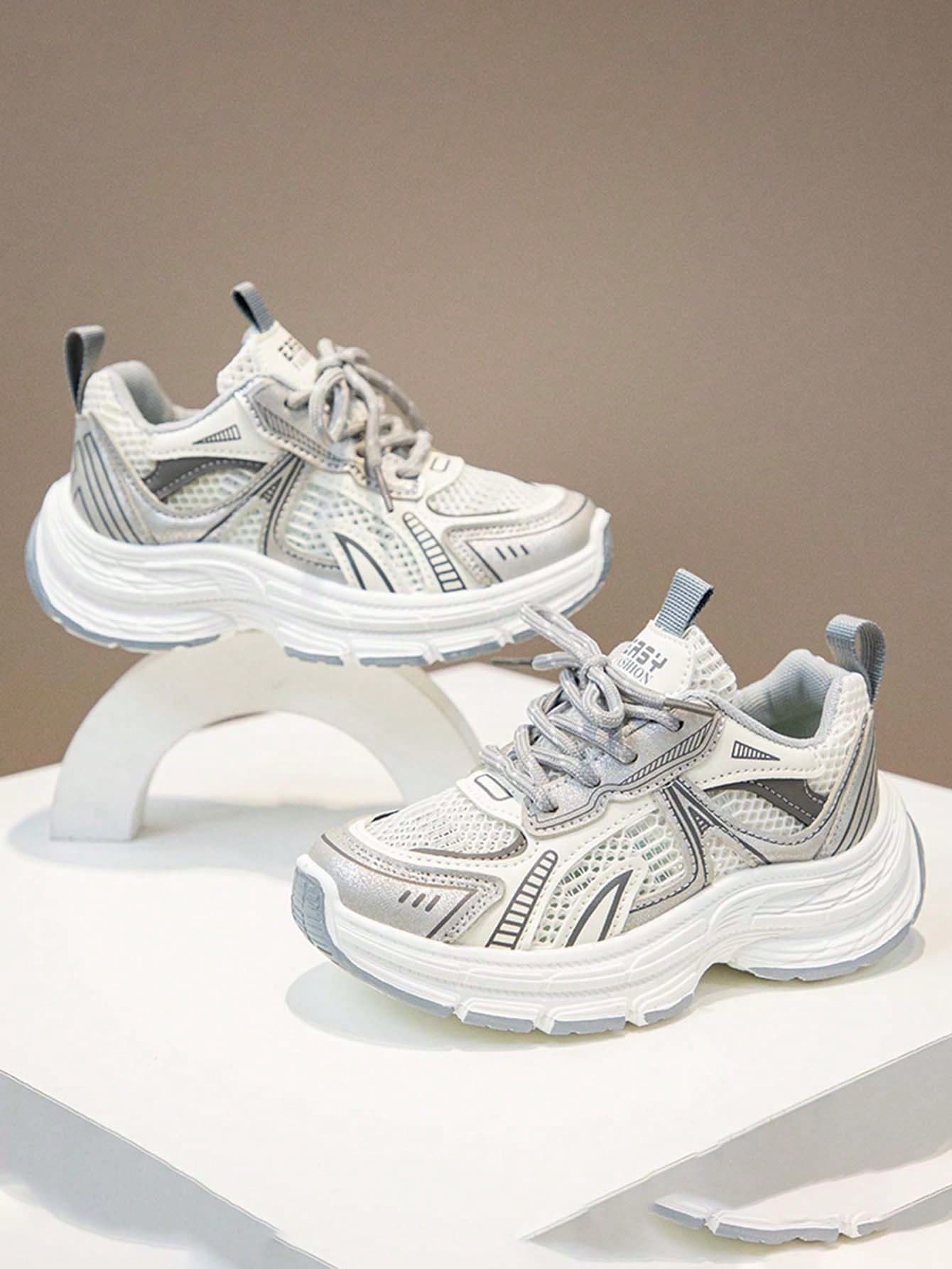 1 Pair Spring New Breathable Mesh Children Sports Shoes, Girls Lightweight Casual Vintage Chunky Sneakers, Boys Anti-Slip Running Shoes,