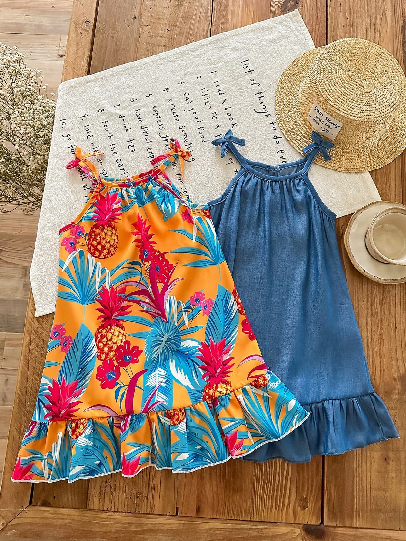 2pcs Girls Young Girl Casual Floral Print Dress & Solid Blue Dress, Suitable For Party, Casual, Holiday, Home Wear, Summer